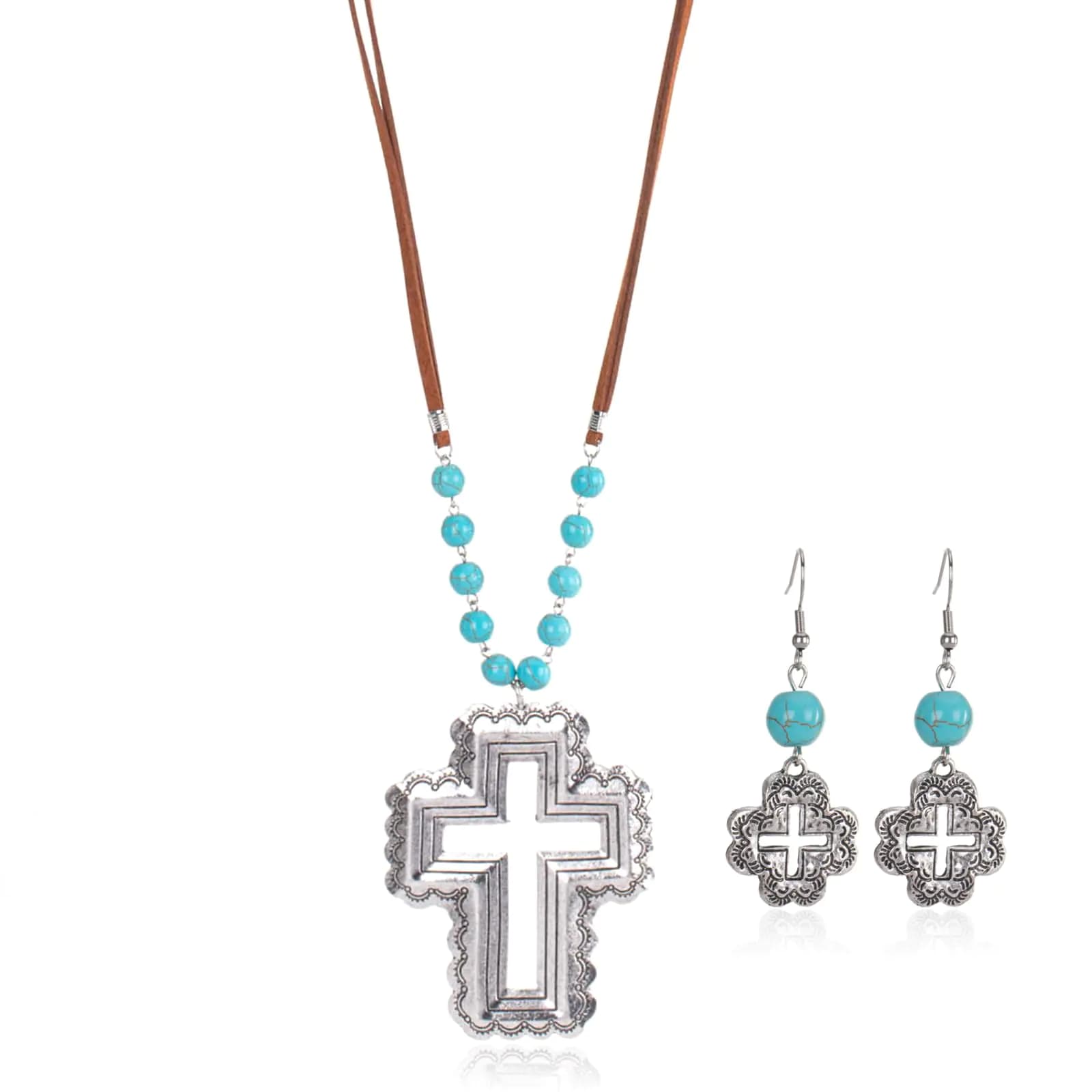 Western Cross Pendant Necklace And Earring Set