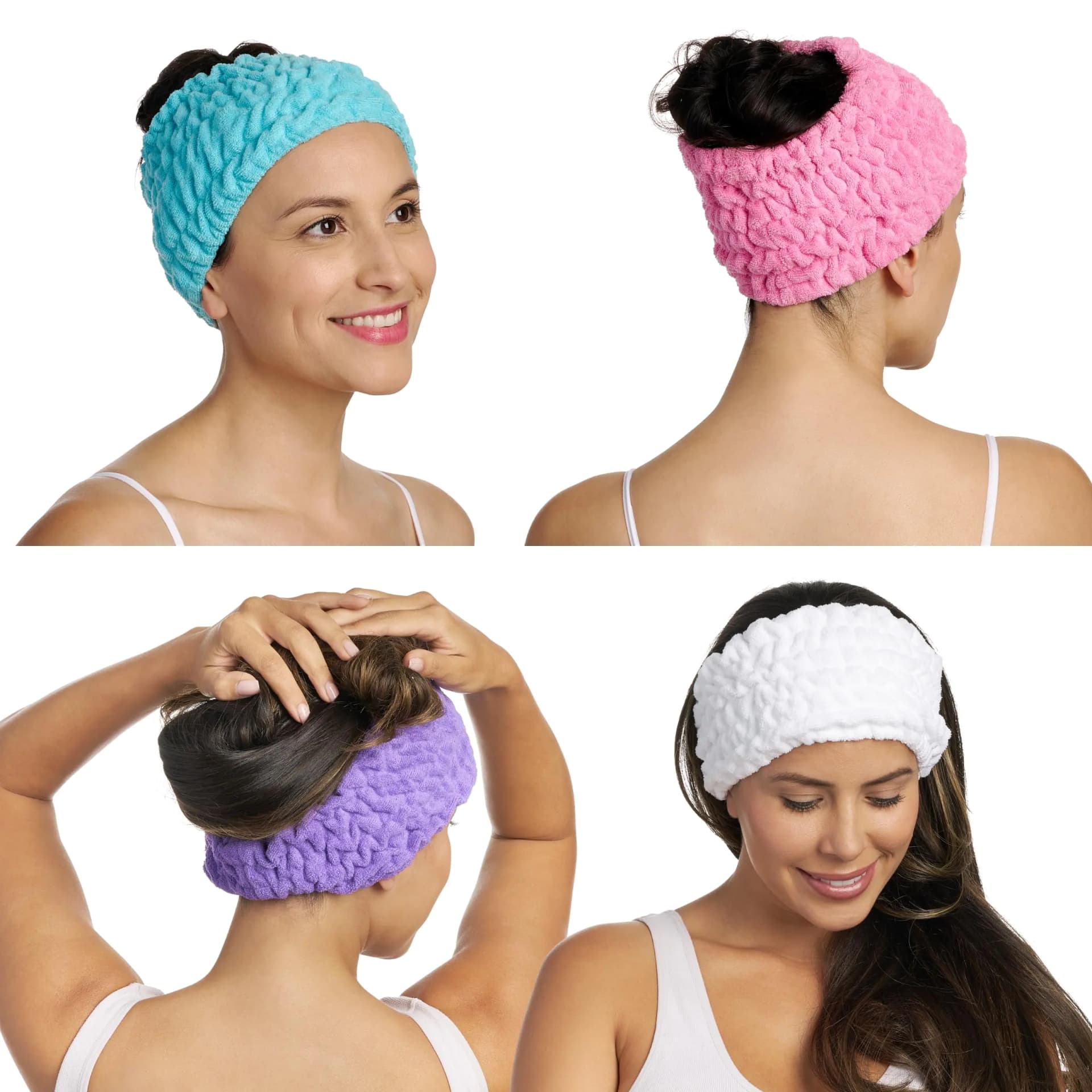 Turbie Twist 4-Pack Turbie Band for Beauty Travel Gifting - Microfiber Headband for Personal Care - Comfortable Extra-Wide Spa Headband - For All Hair Types - Pink Purple Blue & White