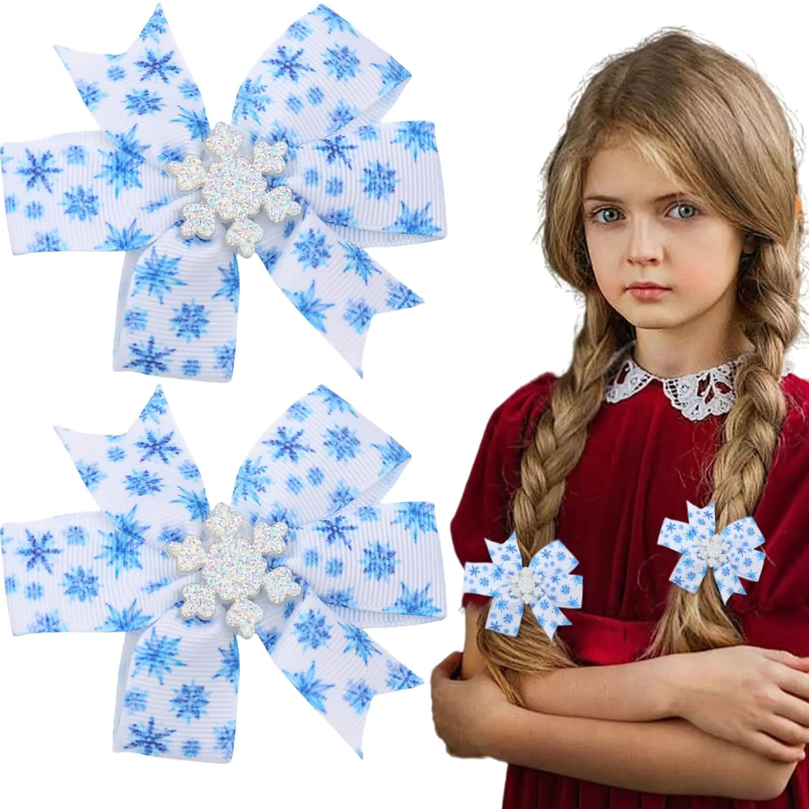Christmas Snowflake Hair Clips, Blue Bow Alligator Barrettes