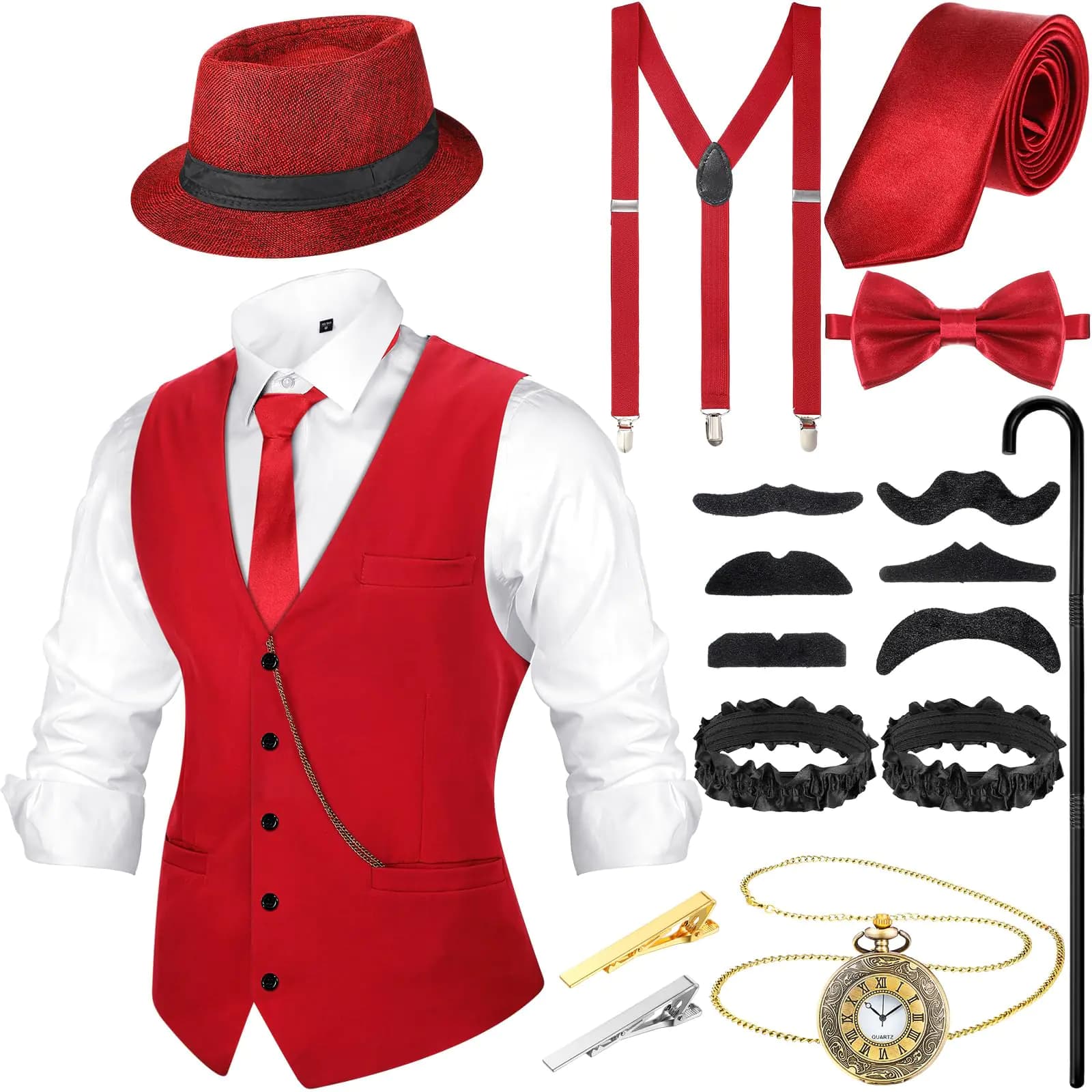 1920s Gangster Costume Accessories Set Wine Red