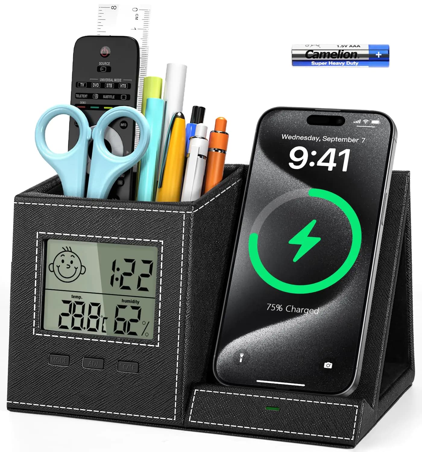 Wireless Charging Desk Organizer with Thermometer