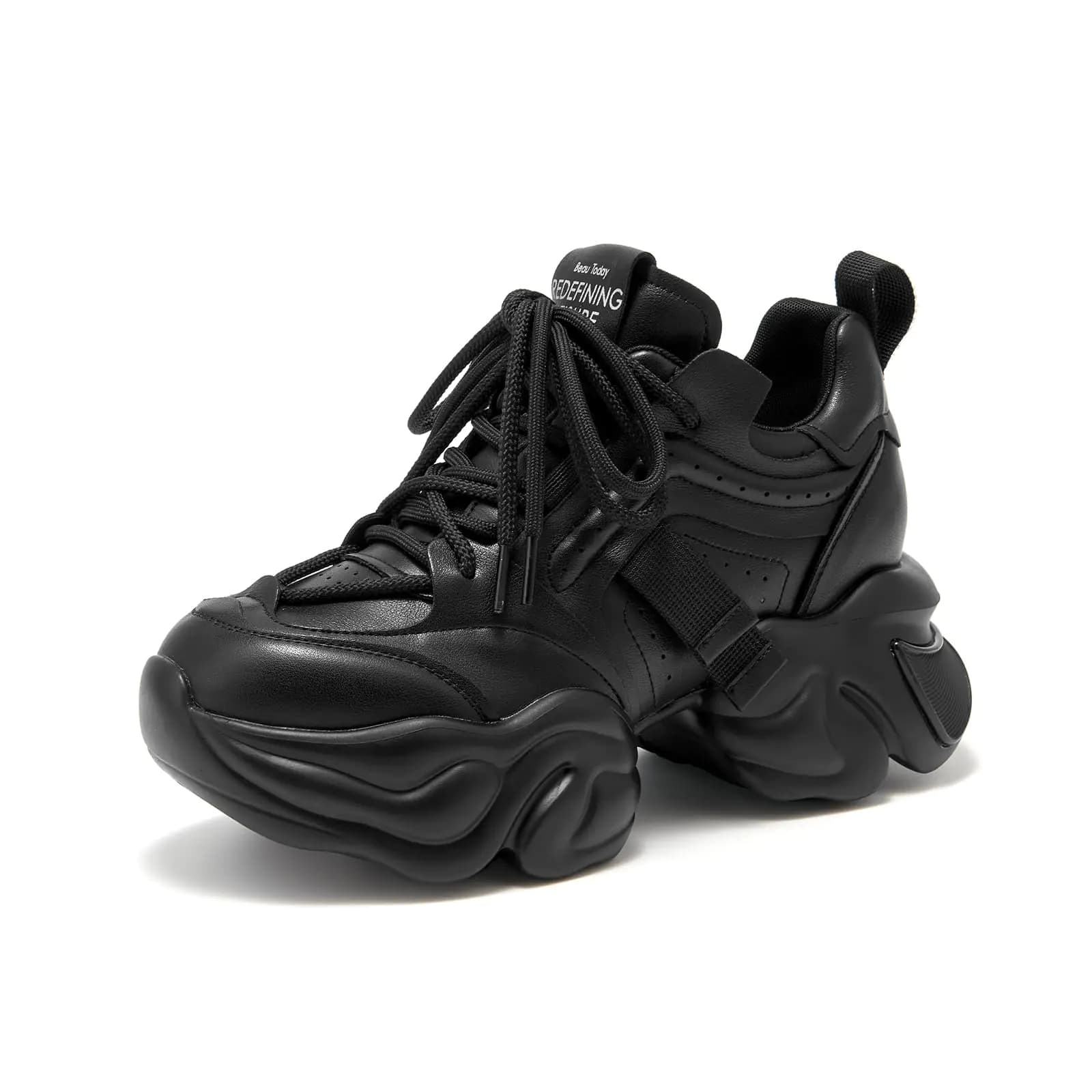 Women's Black Chunky Platform Leather Sneakers