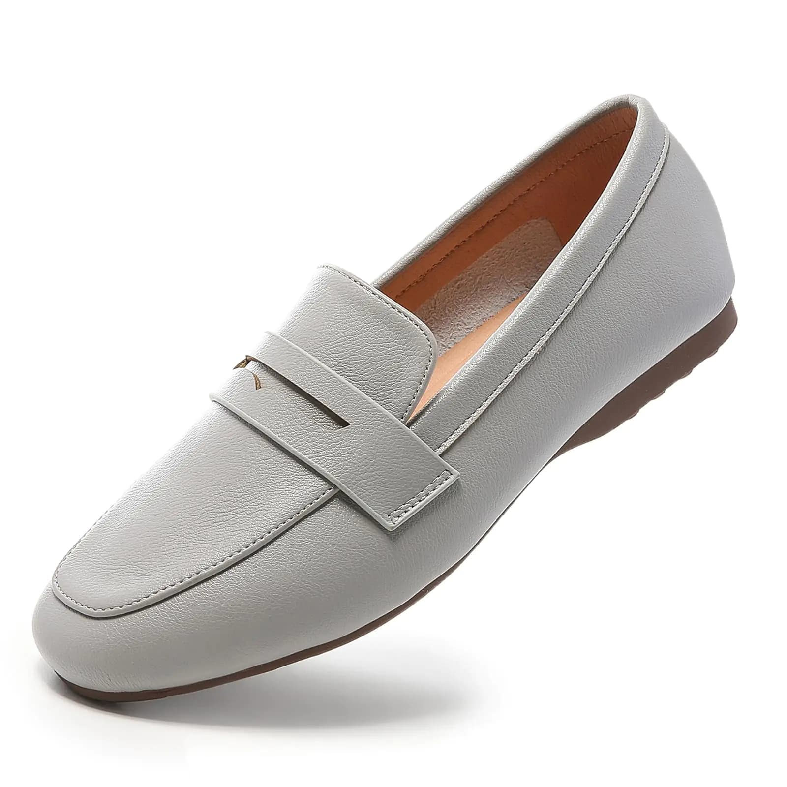 Women's Grey Leather Penny Loafers Square Toe