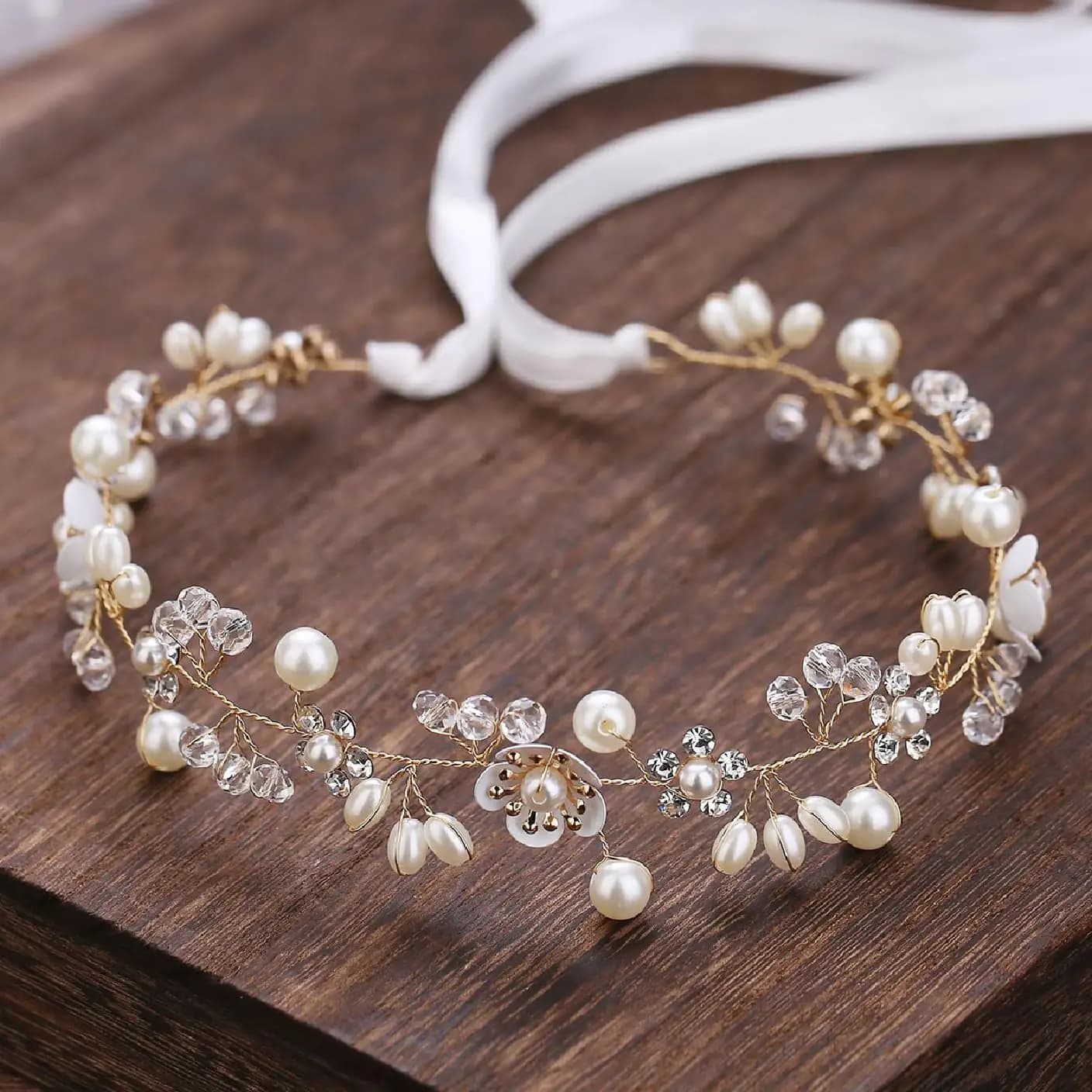 Wedding Pearl Flower Headband White Gold