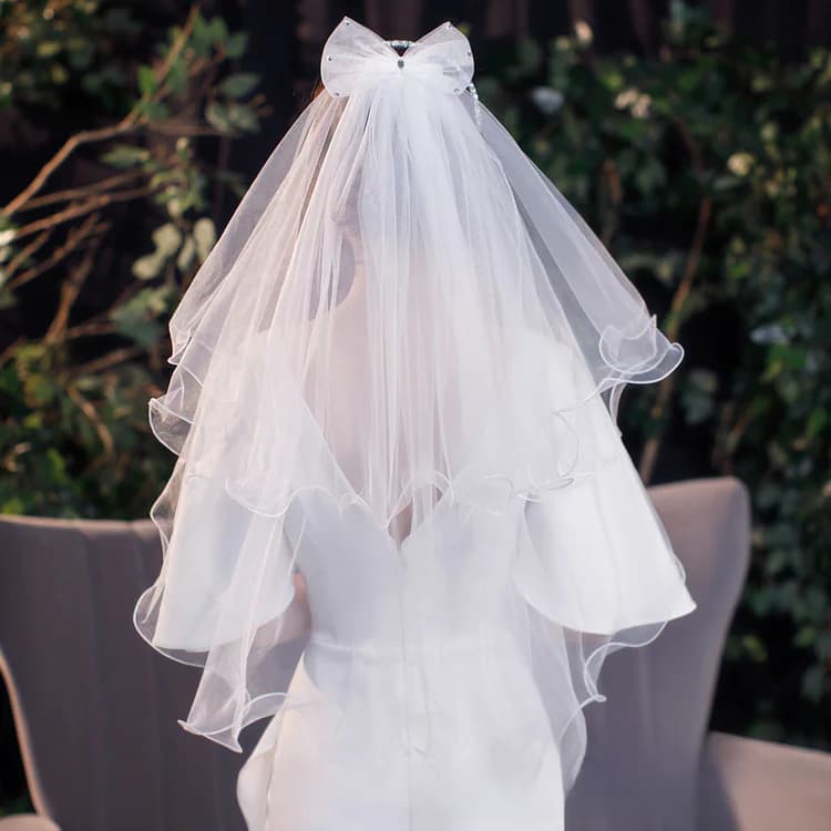 Short White Bridal Veil with Bow and LED Lights