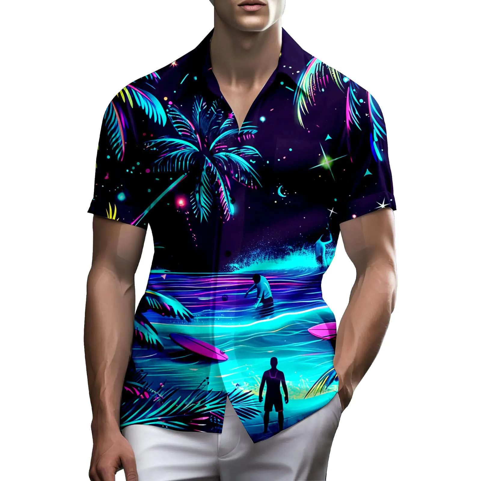 Neon Disco Vintage Button-Up Beach Shirt