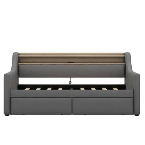 Twin Size Daybed With Storage Drawers, Upholstered Daybed With Charging Station And LED Lights, Gray