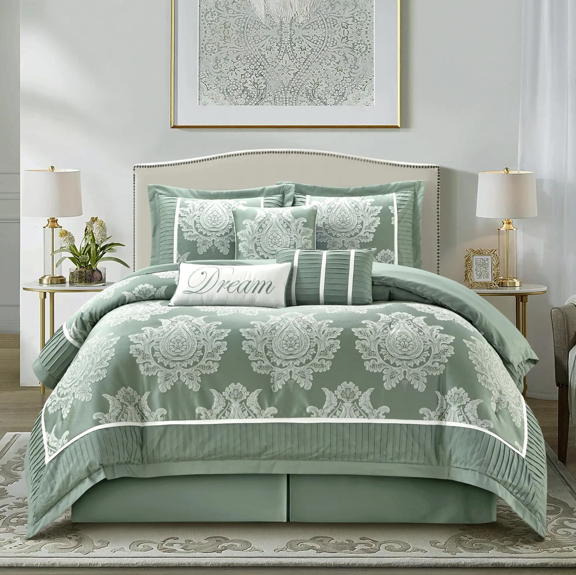 Grand Avenue Sage 7PC Comforter Set Queen Size Jacquard with Matching Solid Piecework Bedding Set All Season Bedskirt Pillows & Shams
