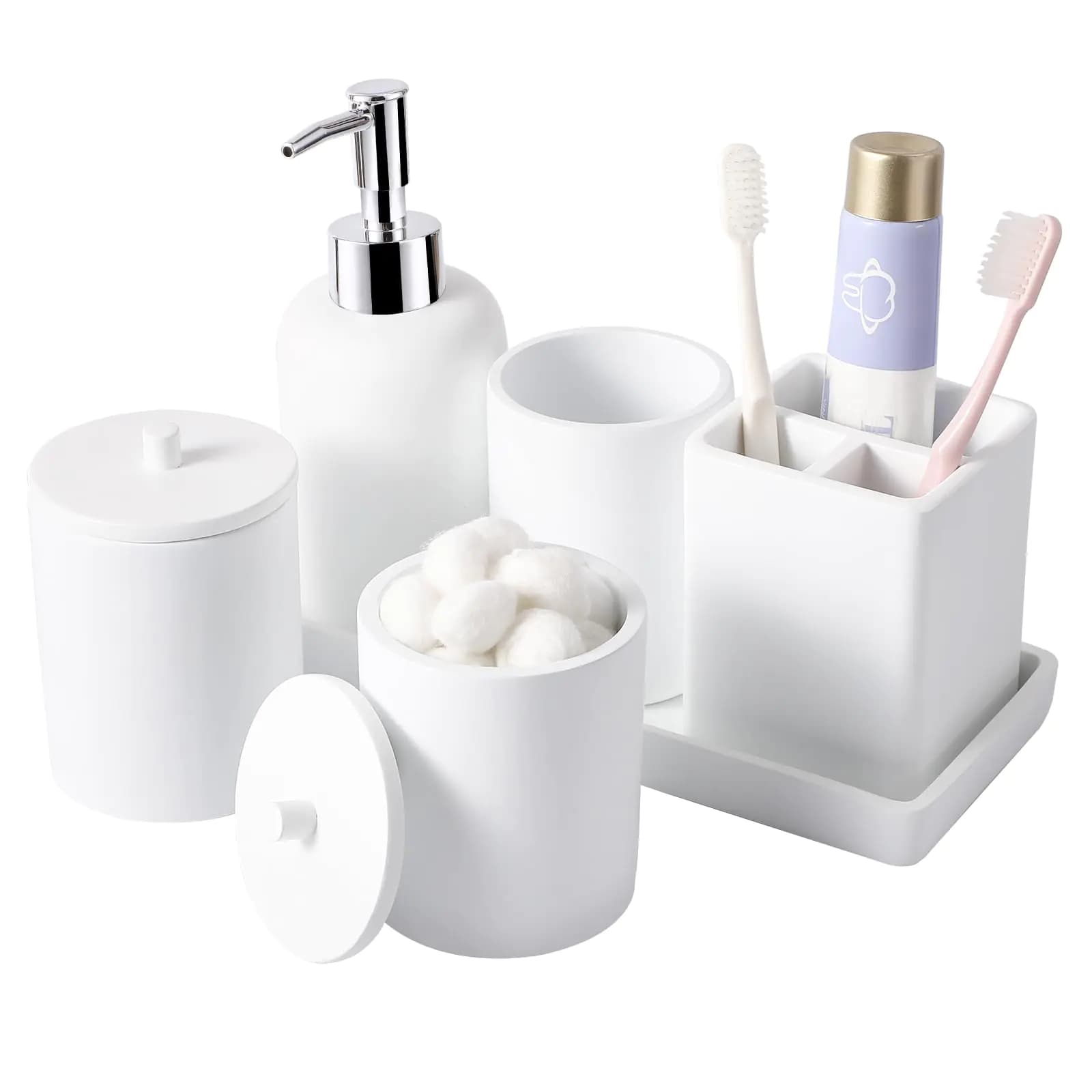 Resin 6 Pcs White Bathroom Set Complete with Toothbrush Holder Lotion Soap Dispenser 2 Qtip Holder DispensersVanity TrayBathroom Tumbler - Countertop Vanity Organizer - Bathroom Accessories Set