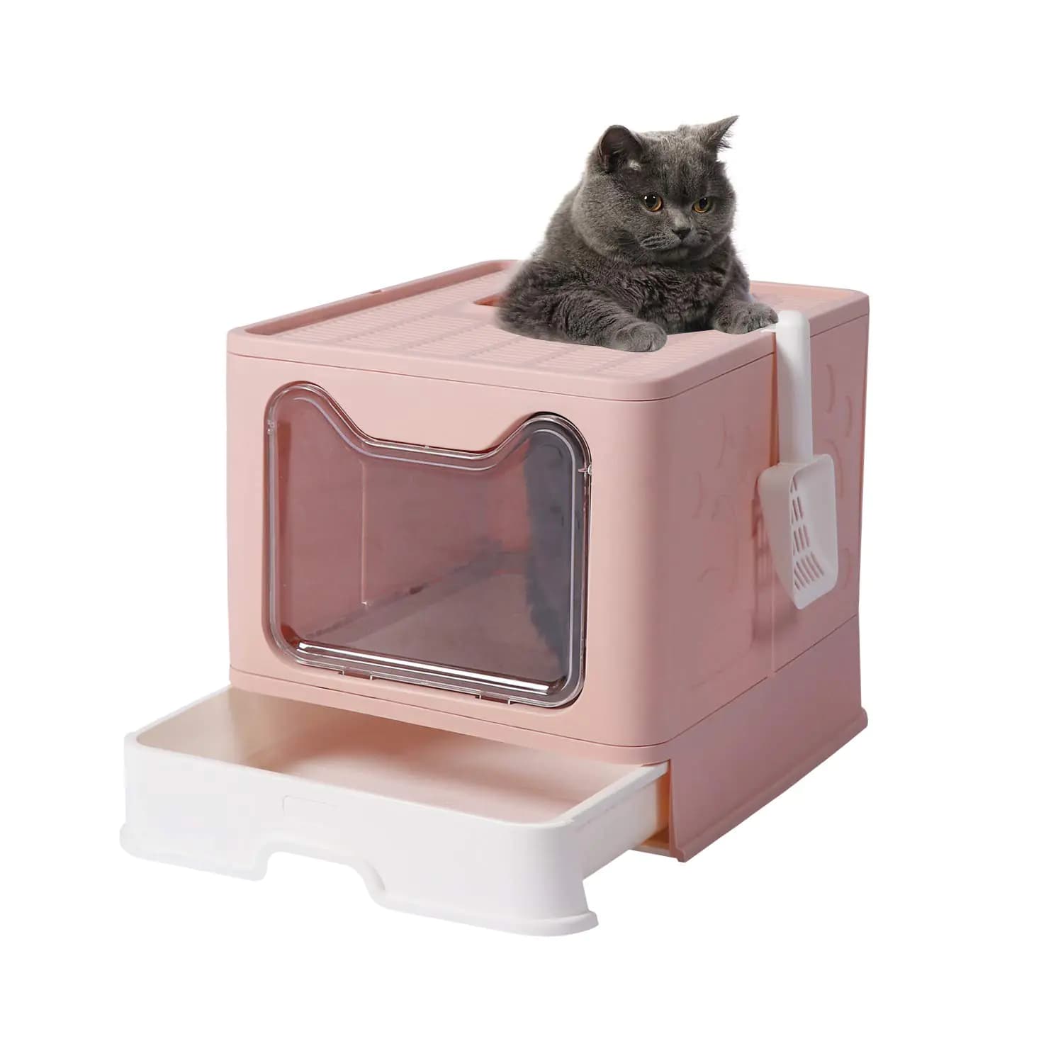 Large Foldable Cat Litter Box with Lid Pink