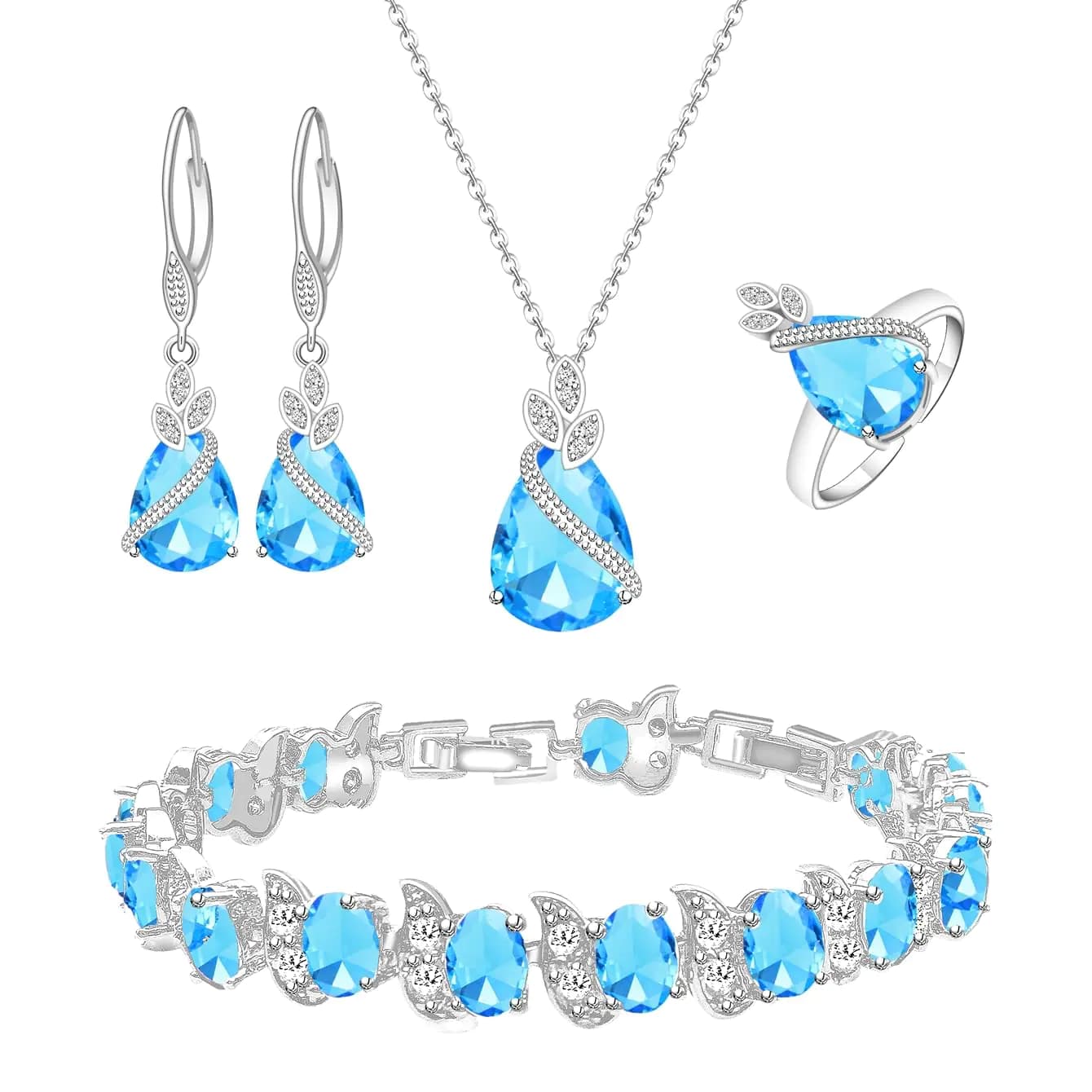 Platinum Plated Aquamarine Crystal Jewelry Set
