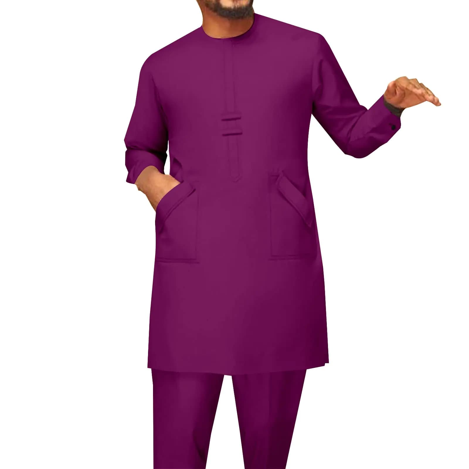 African Men's Traditional Dashiki Two-Piece Suit Purple