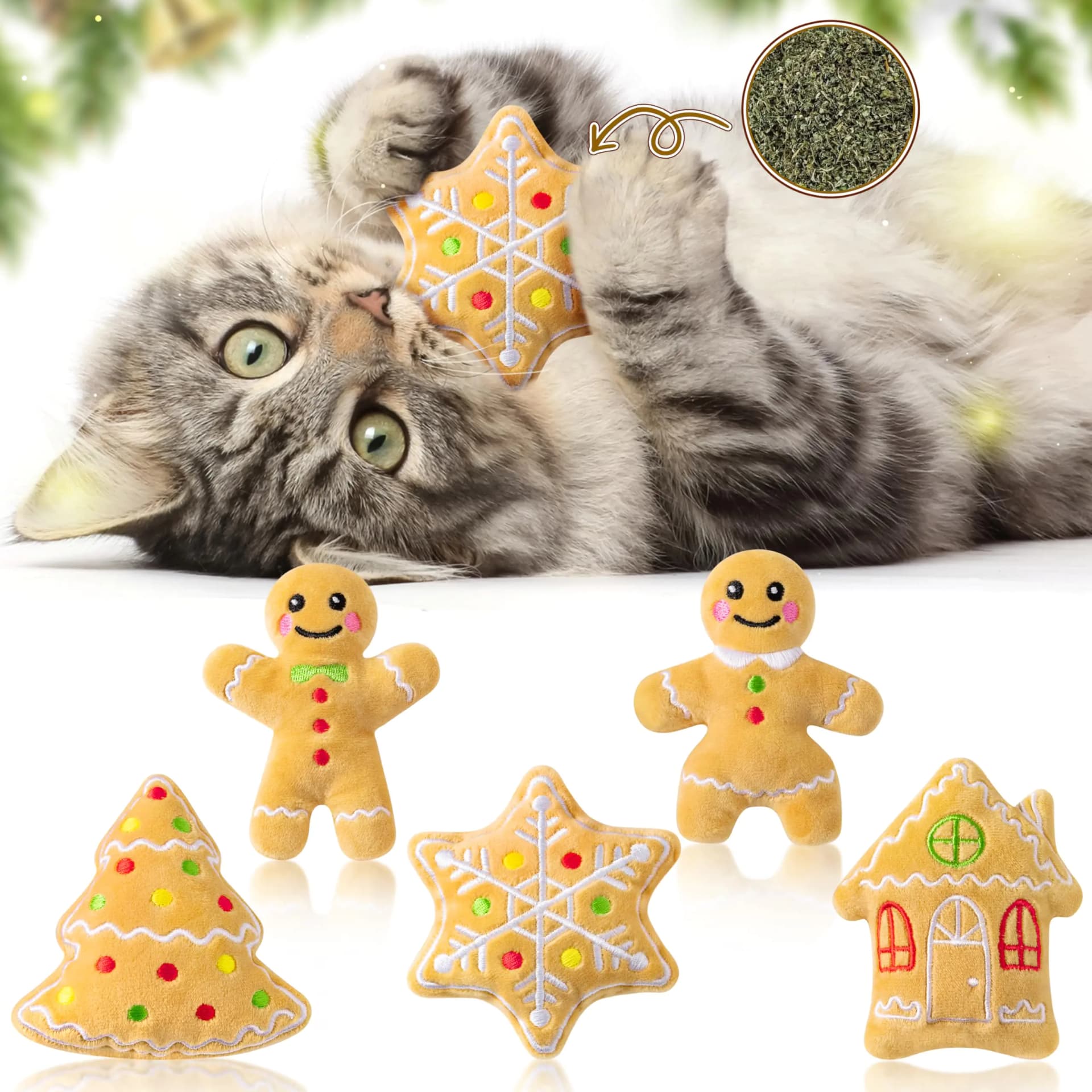 Catnip Toys For Cats, 5-Piece Gingerbread Set