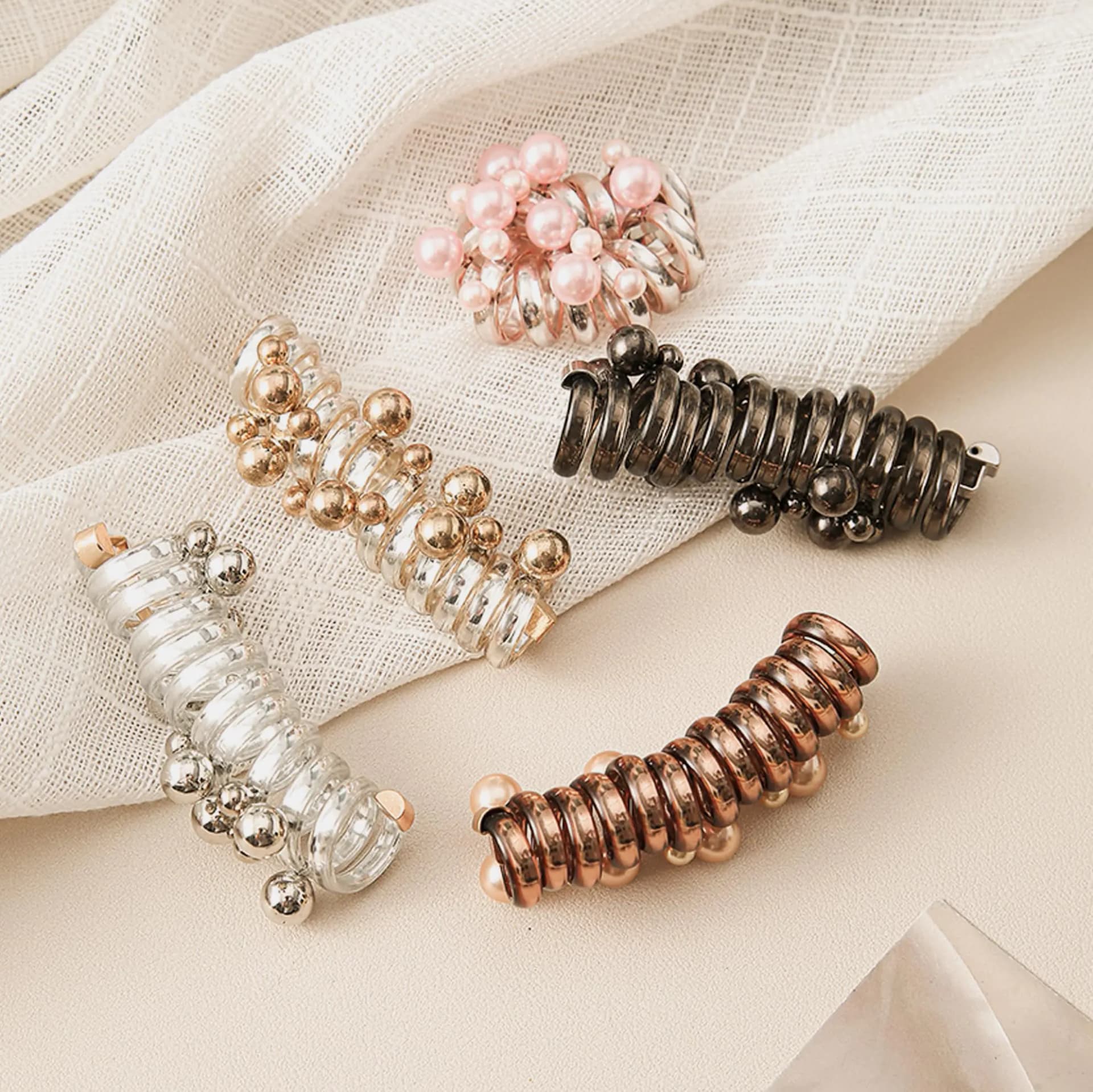 Colored Beads Spiral Hair Ties, 5-Piece Set