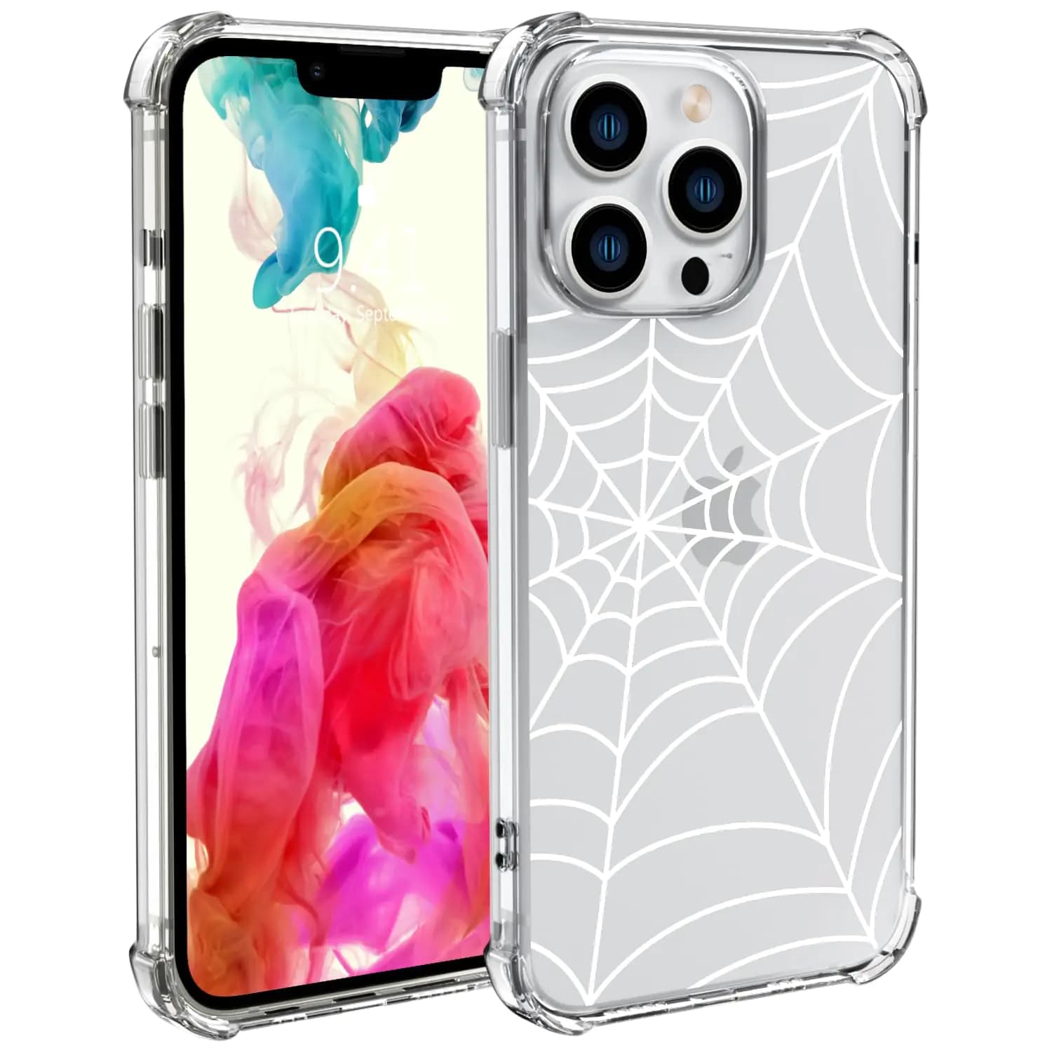 Wihytec White Cobwebs Phone Case for iPhone 15 PRO Cobweb Case Cover Clear Phone Case w/Four Corner Reinforced Shockproof Girly Women Phone Cover Transparent Preppy Phone Case