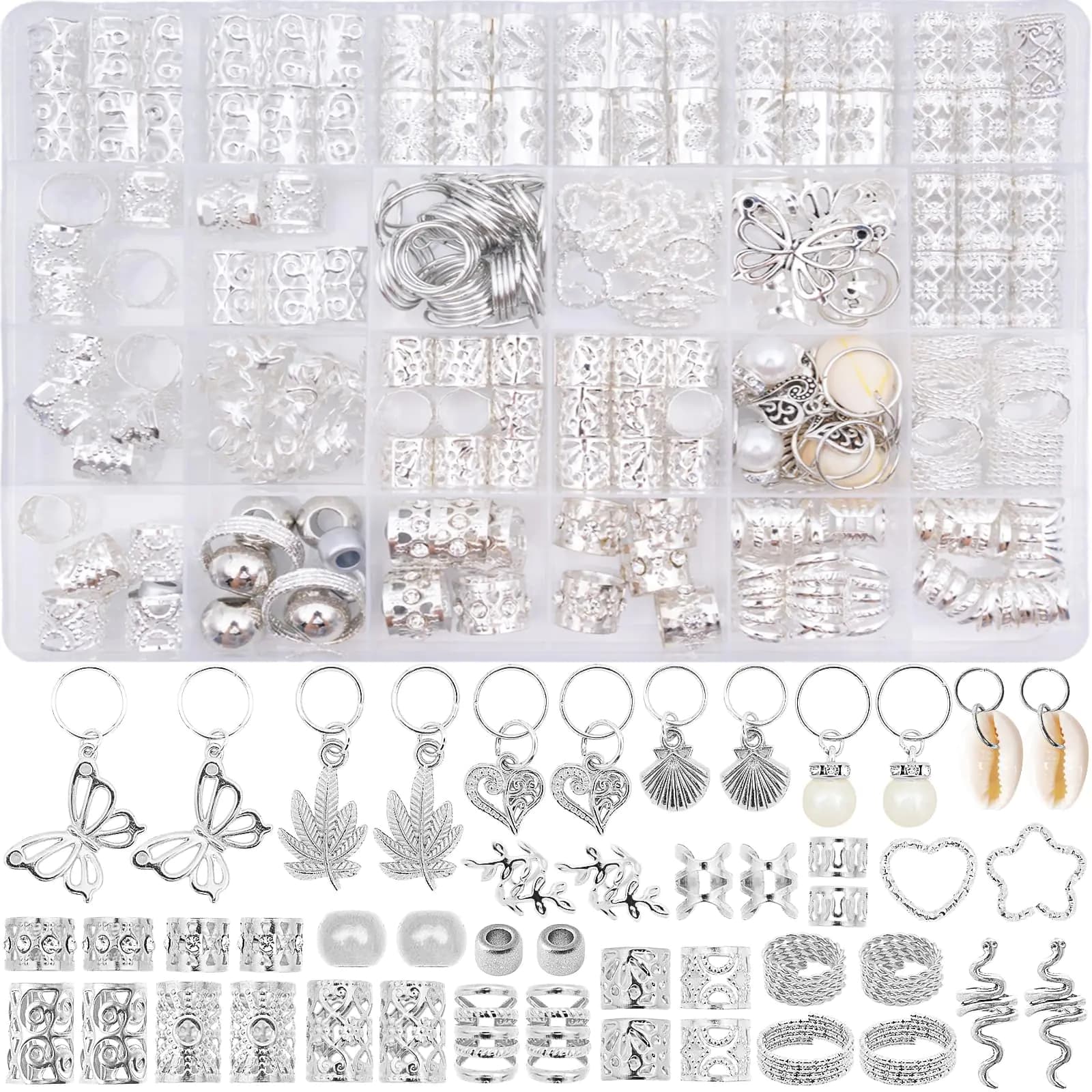 Silver Hair Beads and Rings Set