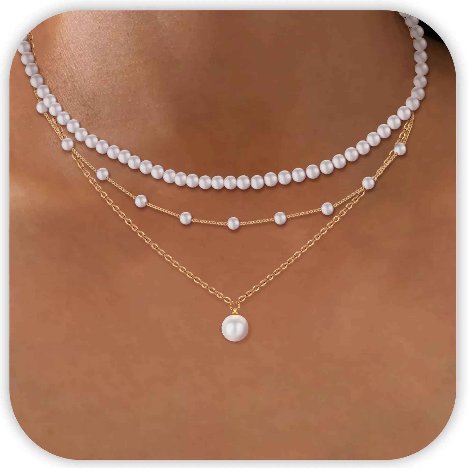Dainty Pearl Layered Necklace Set Gold