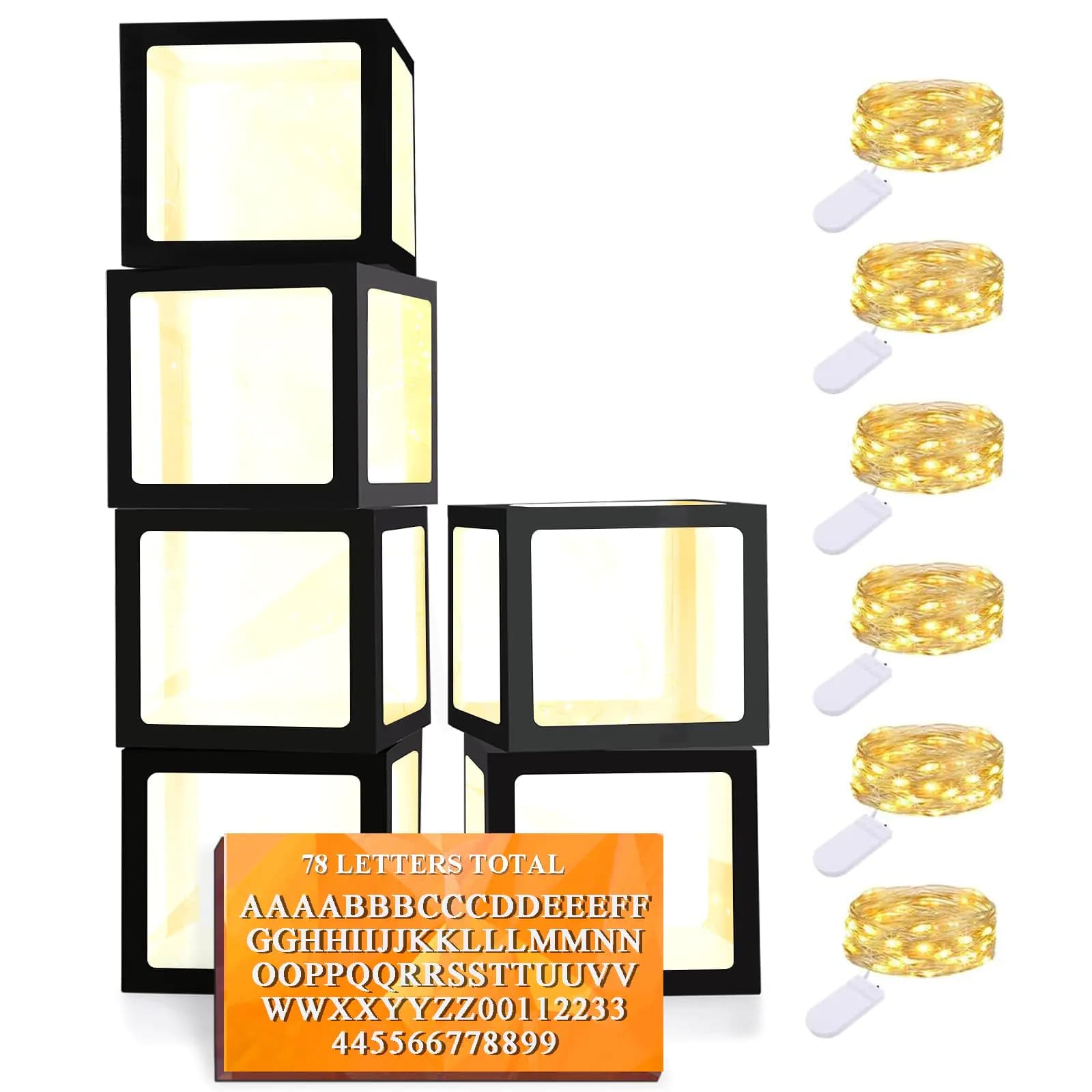 Ledido Baby Boxes with Letters for Baby Shower Balloon Box with Lights6 Pcs Fairy String Lights and 78 Letters Clear Blocks for Party Halloween Birthday Decoration - 6 PCS Black Boxes