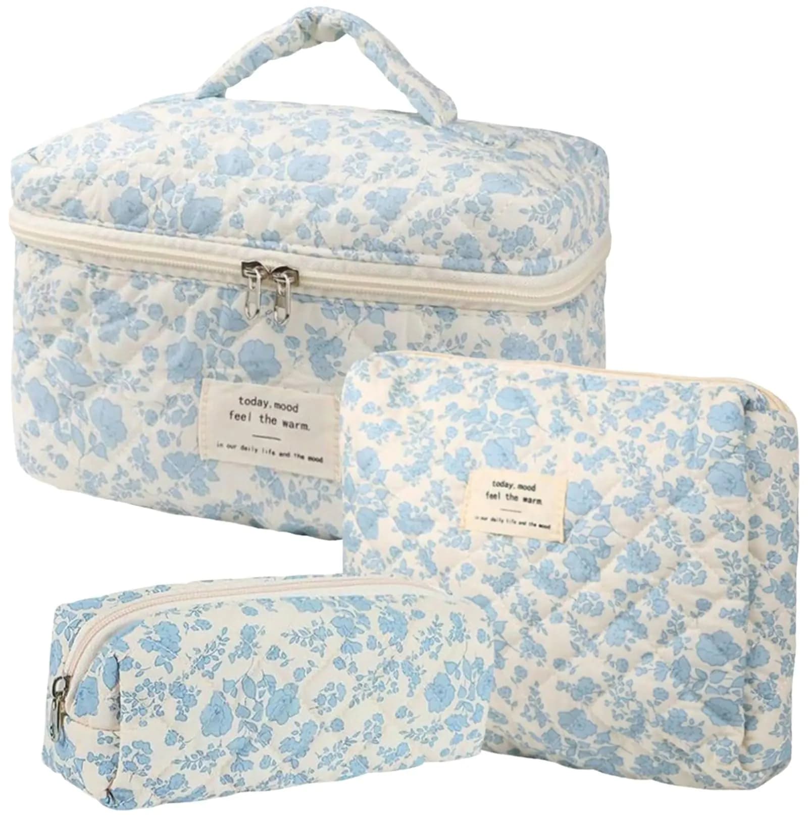 Three-Piece Quilted Cotton Floral Makeup Bag Set