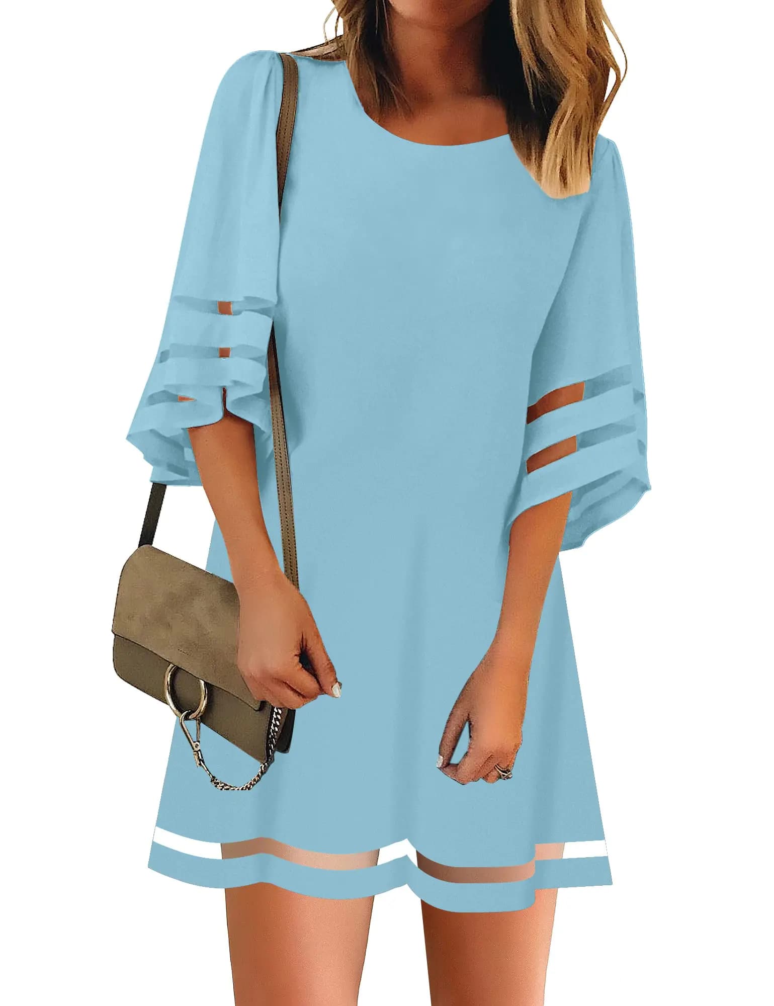 Women's Casual Bell Sleeve Tunic Dress Light Blue