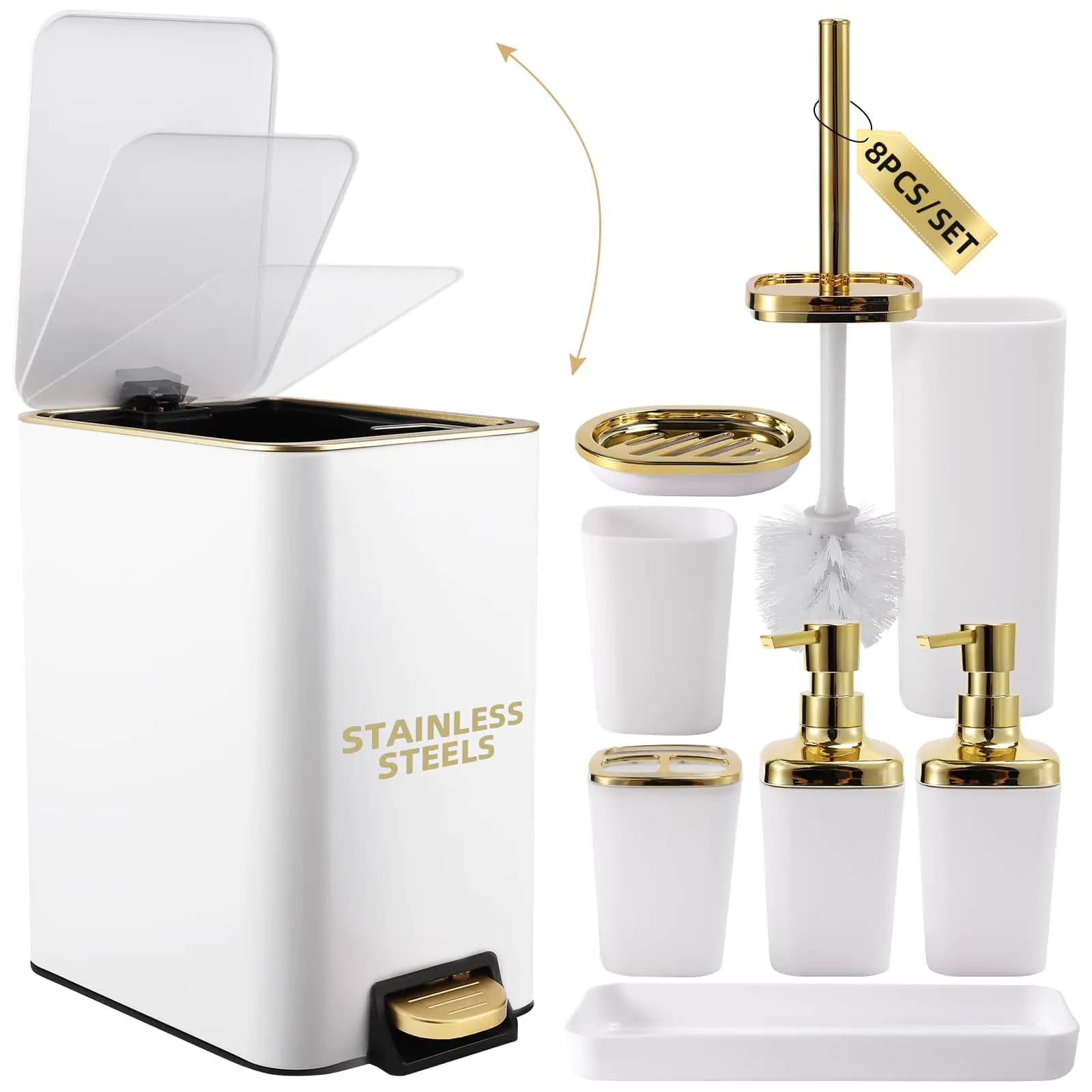 XLHOMO White Bathroom Accessories Set 8 Piece White and Gold Bathroom Set Bathroom Sets with Stainless Steel Trash CanToilet BrushToothbrush SetSoap Dispenser