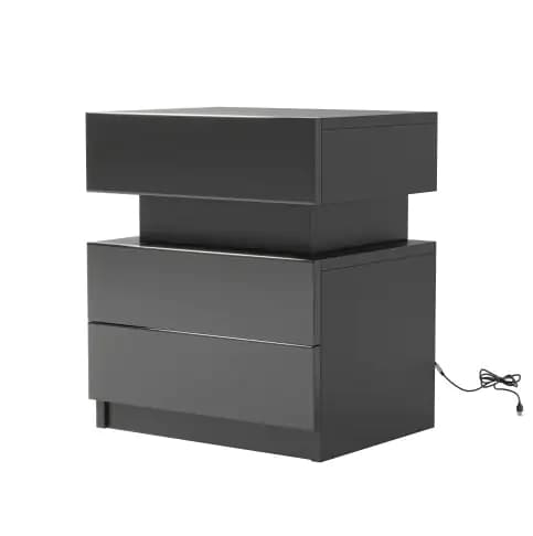 LED Modern Black Nightstand With Drawers