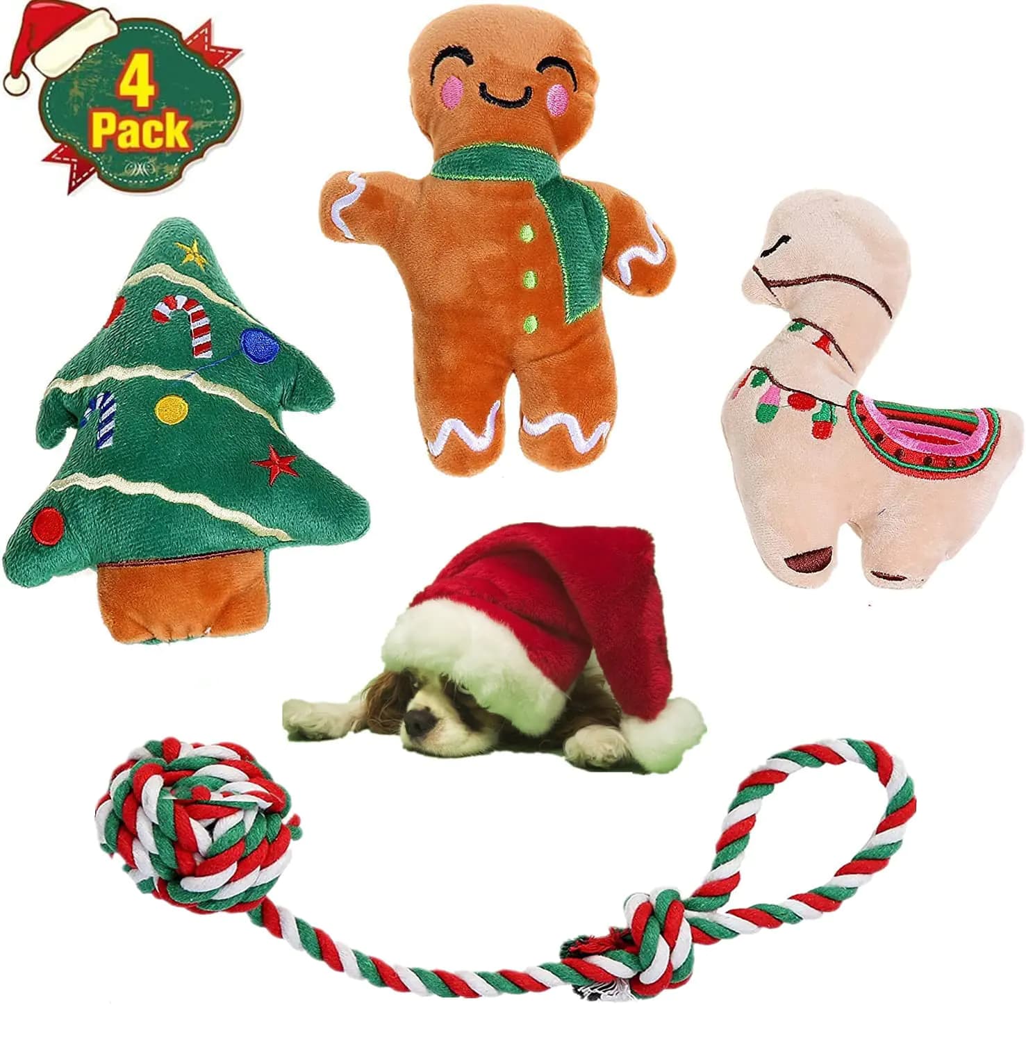 Christmas Dog Toy Variety Pack - Plush Small Doggie Squeaky Toy and Puppy Rope Toy