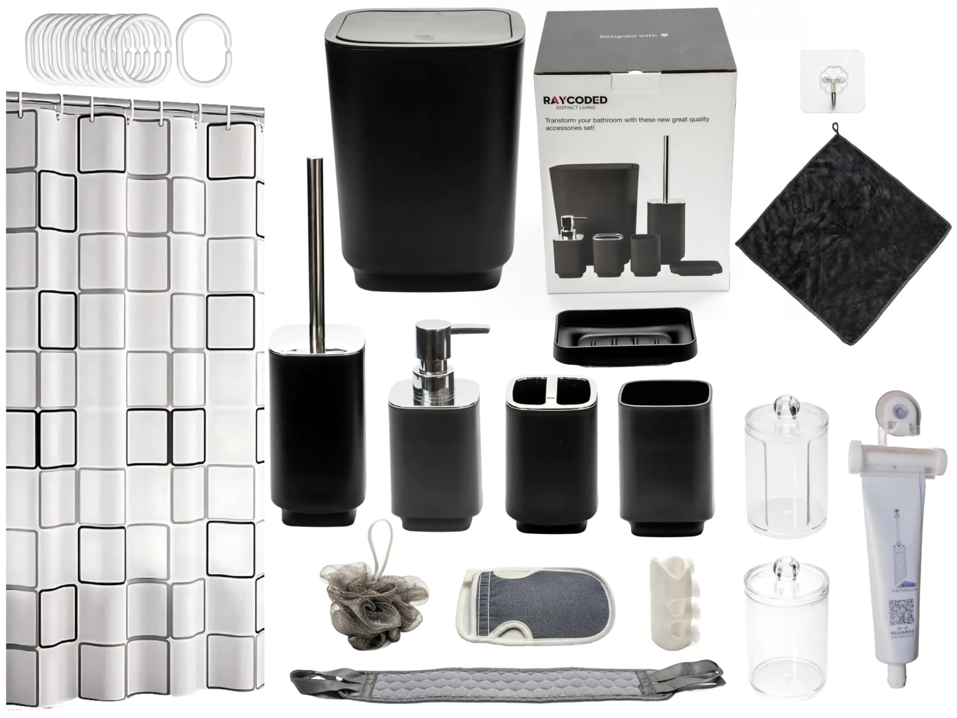 Bathroom Accessories Set with Shower Curtain Black