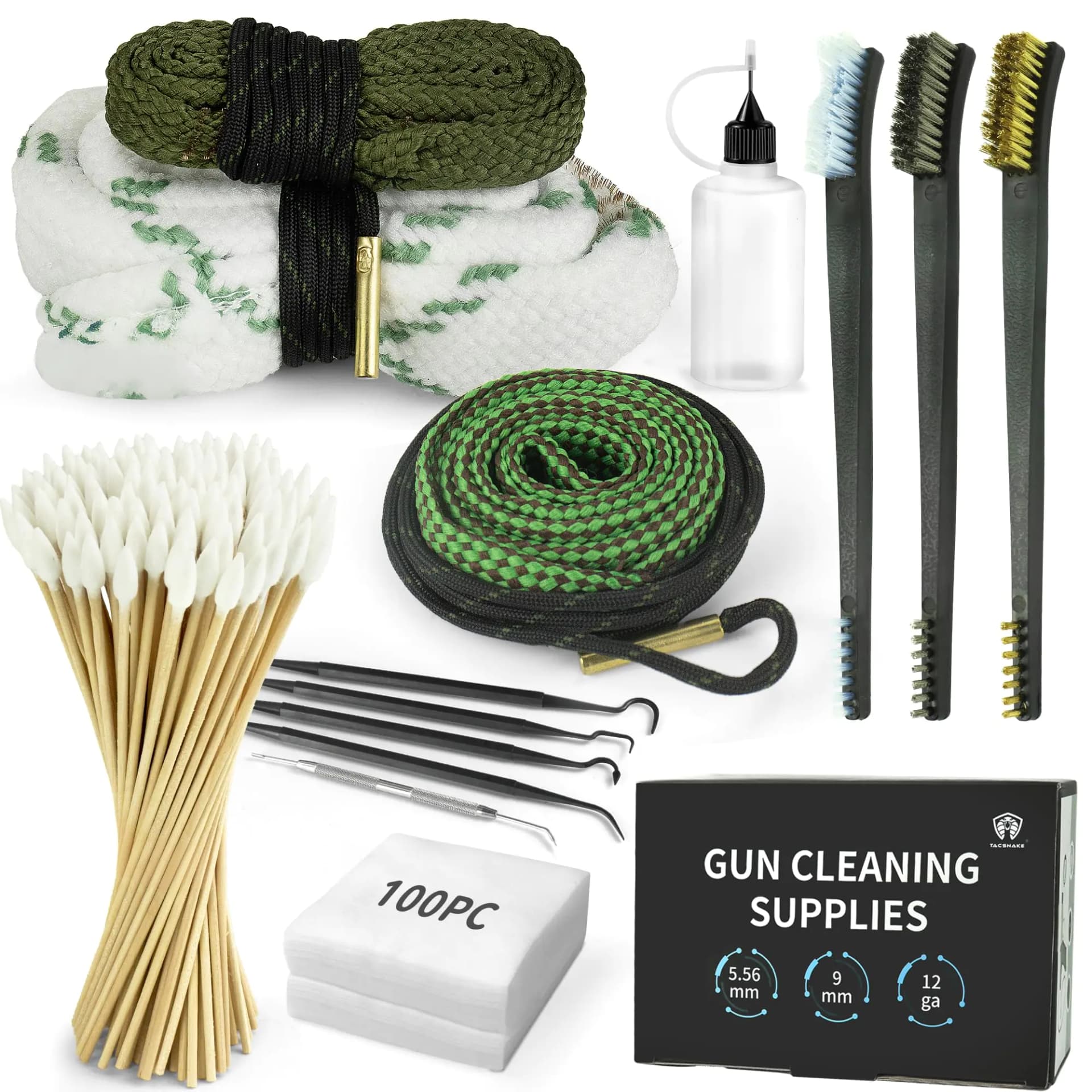 Tacsnake Bore Cleaner Gun Cleaning Kit for 12Ga / 5.56 / 9mm Gun Cleaning Snake Gun Cleaning Supplies Incl. Gun Cleaning Patches 6-inch Gun Cleaning Swabs Gun Brushes Cleaning Picks