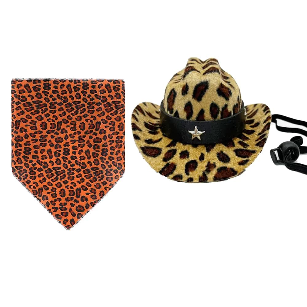 Dog Cowboy Costume Mini Leopard Cowboy Hat Pet Bandana Halloween Costume for Cat Size S