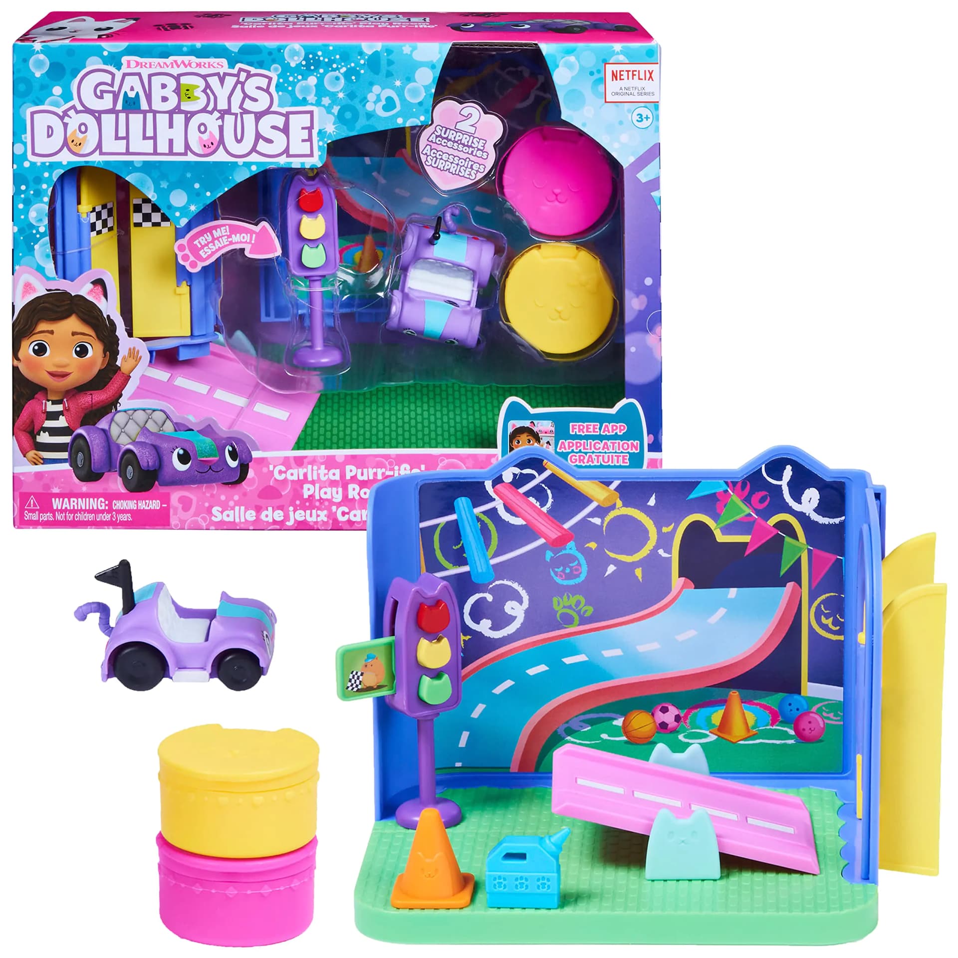 Gabby´s Dollhouse Playroom with Carlite Toy Car Accessories Furniture and Surprise Boxes