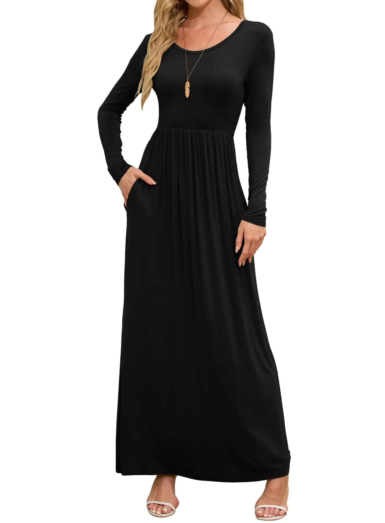 Women's Black Crewneck Long Sleeve Maxi Dress