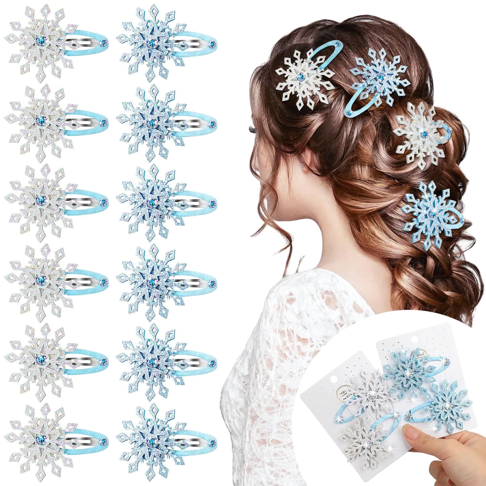Snowflake Rhinestone Hair Clips Blue White Set