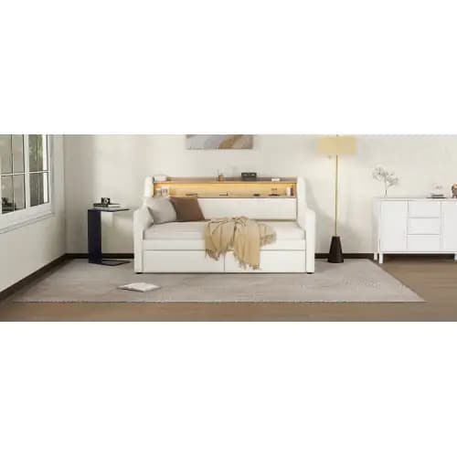 Twin Size Daybed With Drawers, Upholstered Daybed With Charging Station And LED Lights, White