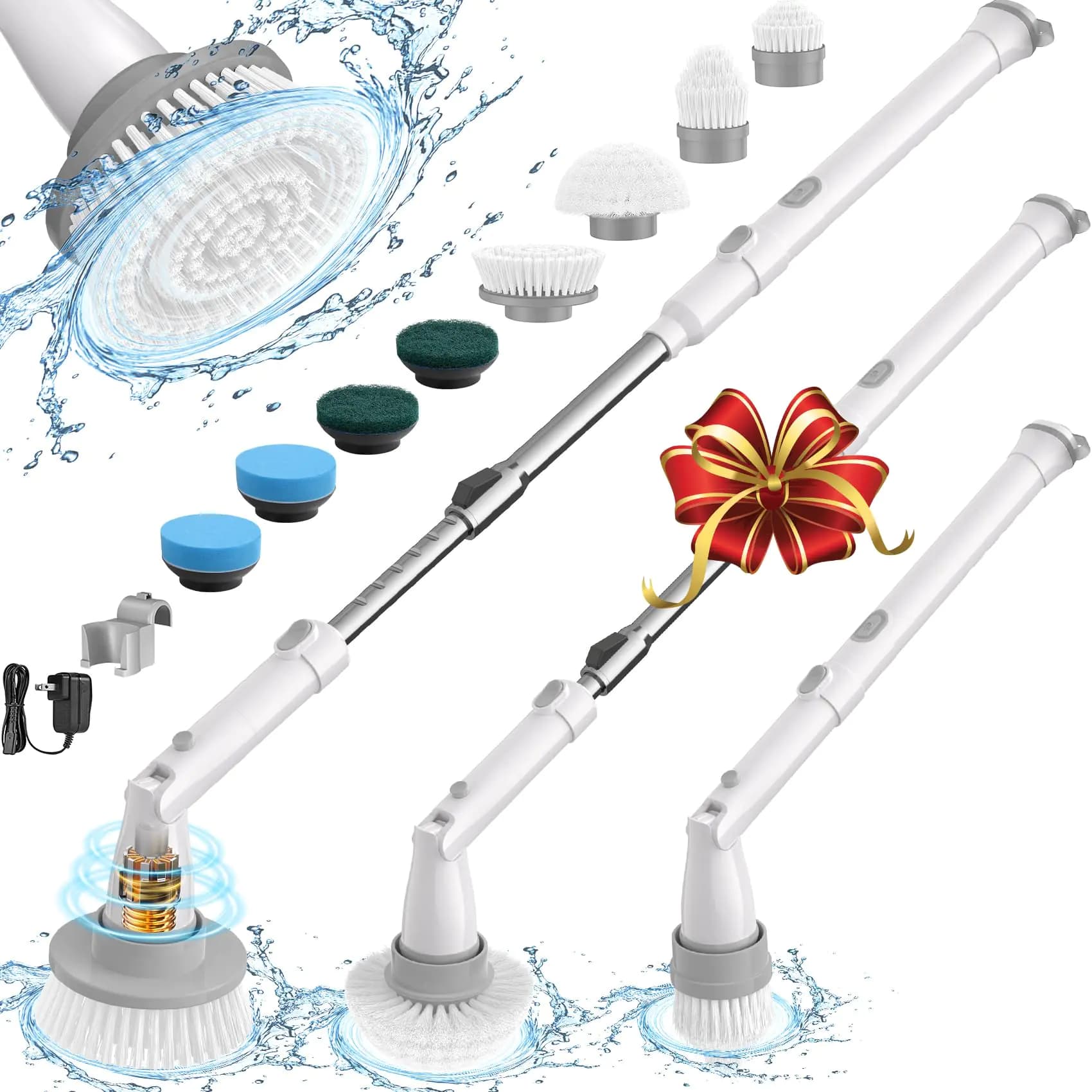 Electric Spin Scrubber with Long Handle and Brush Heads