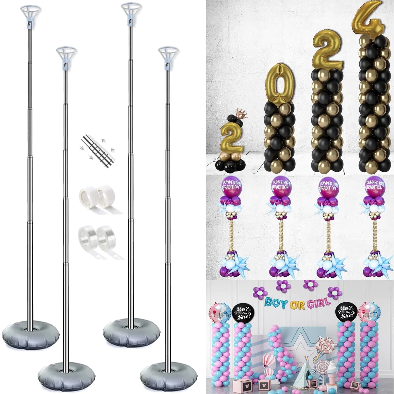 GIMCALO Balloon Column Stand Kit Set of 4 7ft Height Adjustable Balloon Arch Kit with 2 Ballon Garland Strip Metal Telescopic Pillar Balloon Stand Birthday Party Graduation Halloween Decorations