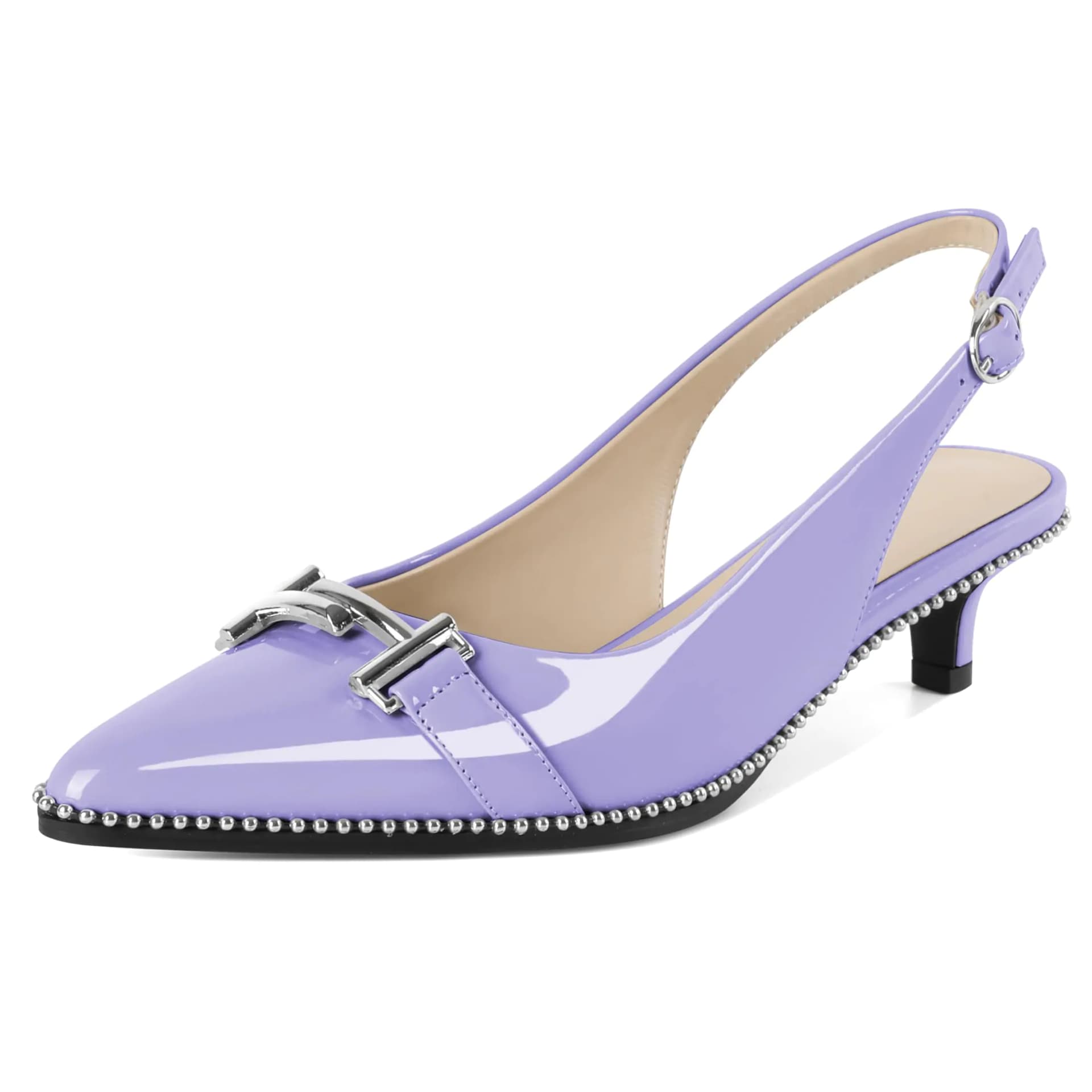 Beaded Pointed Toe Kitten Heel Pumps Light Purple