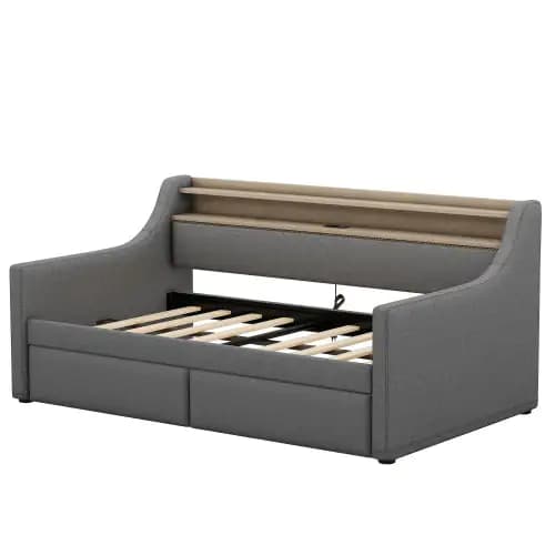 Twin Size Daybed With Storage Drawers, Upholstered Daybed With Charging Station And LED Lights, Gray