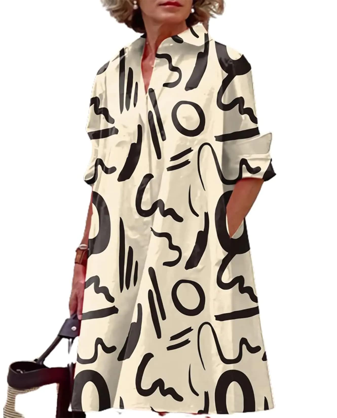 Button Down Collared Dress Long Sleeve Print