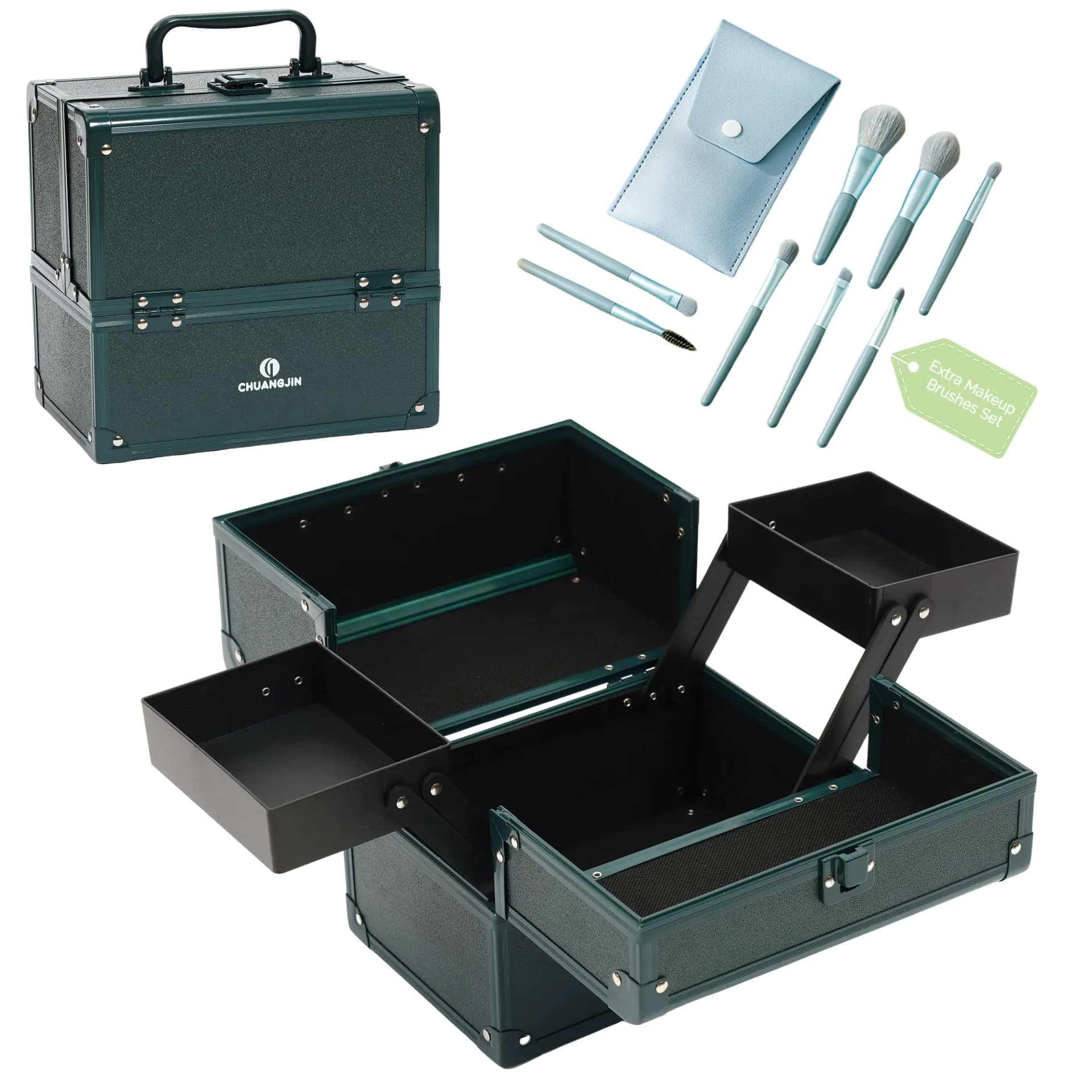 Makeup Train Case with 2 Trays Green