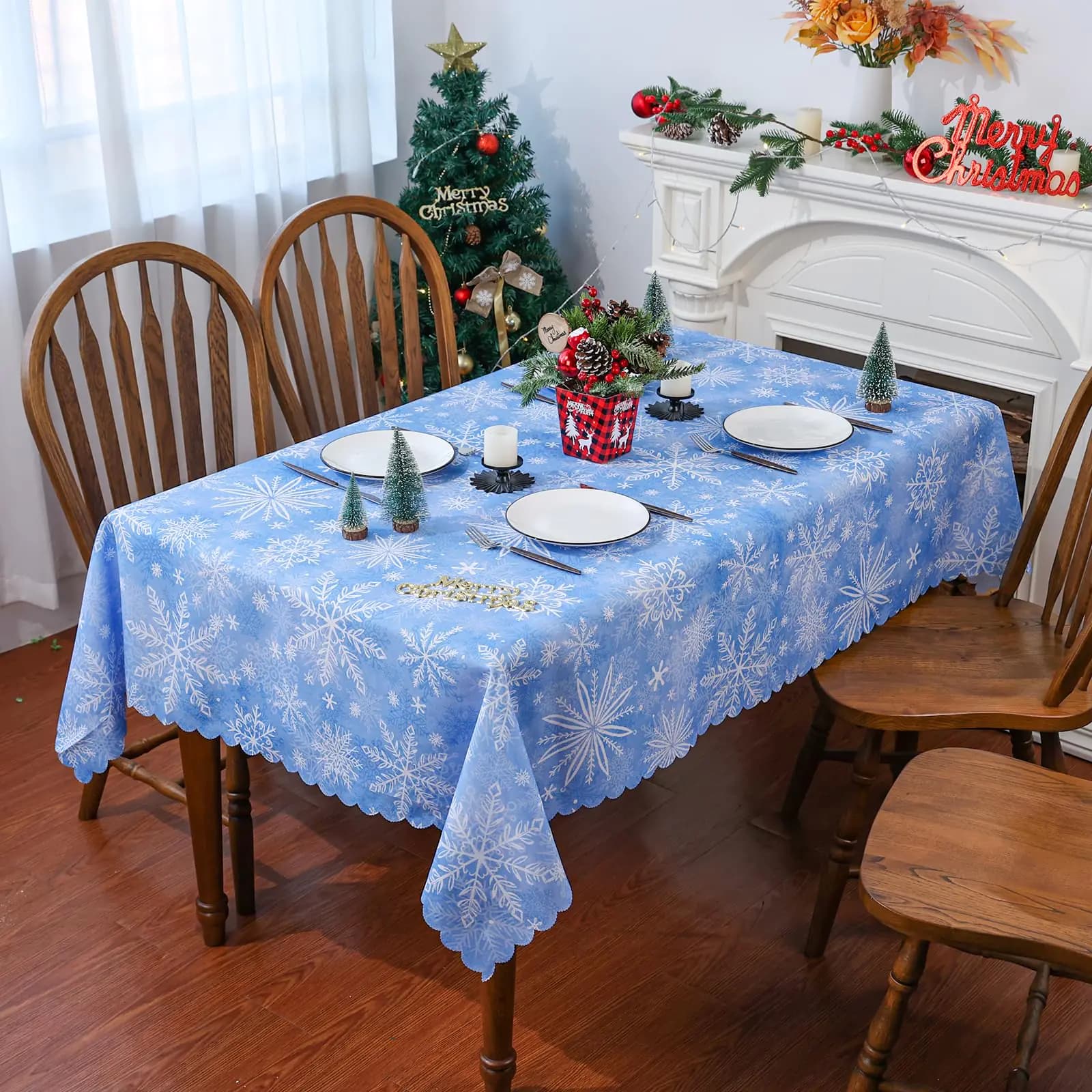 Blue Snowflake Christmas Tablecloth 60x84 Inch