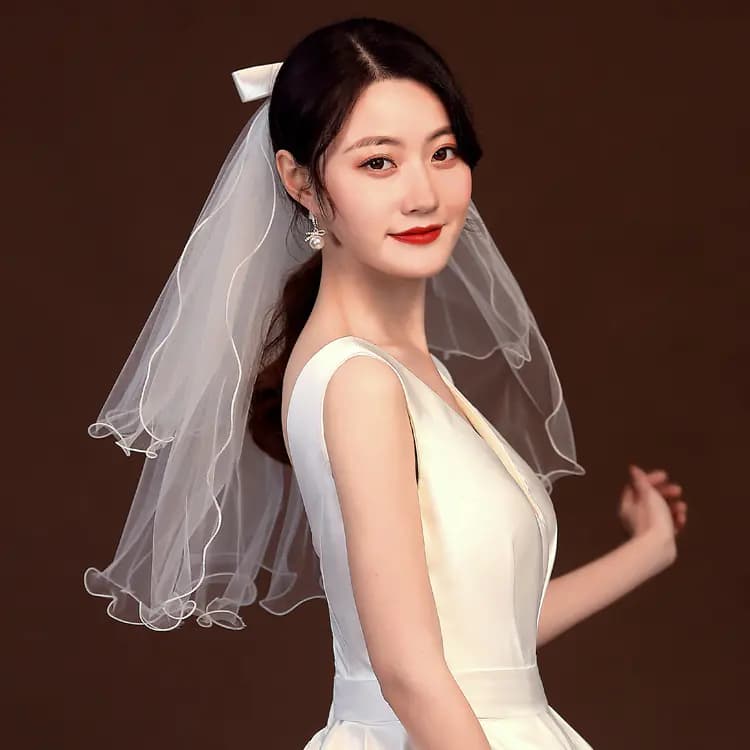 Short White Bridal Veil with Bow and LED Lights