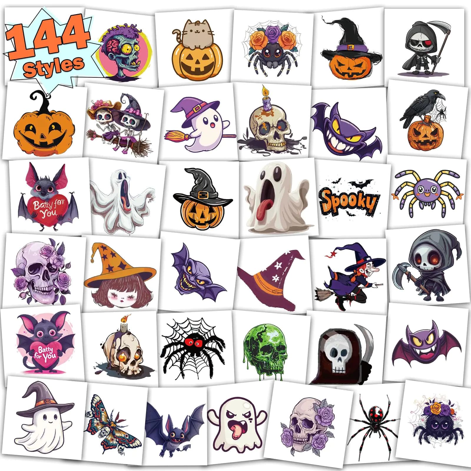 Halloween Tattoos for Kids Halloween Party Favors 144 Styles Halloween Temporary Tattoos for Boys and Girls 2" Non-Toxic Halloween Tattoos Stickers for Halloween Party Bags Gift Stuffers