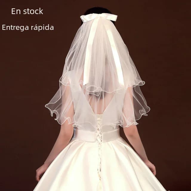 Short White Bridal Veil with Bow and LED Lights