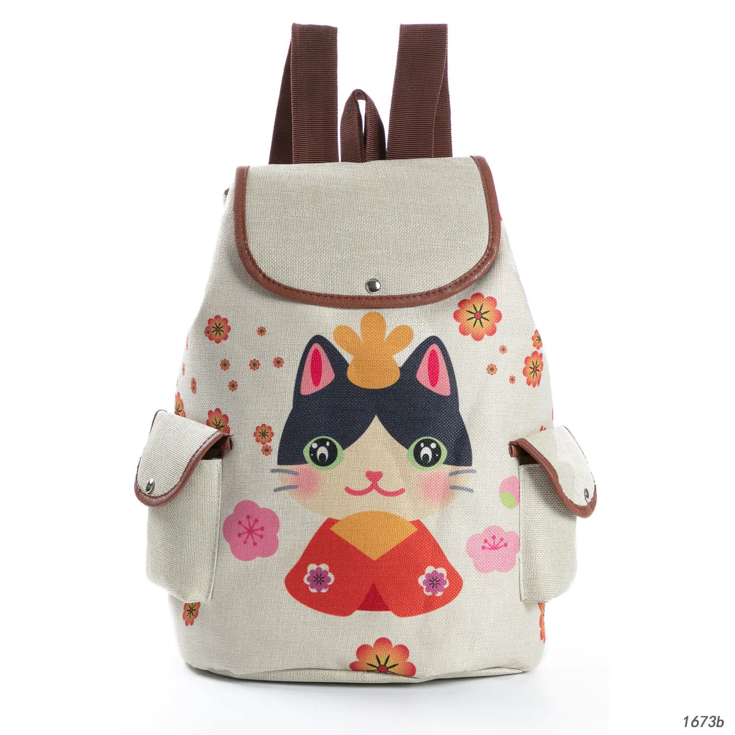Cat Print Student Backpack, Linen Women's Backpack