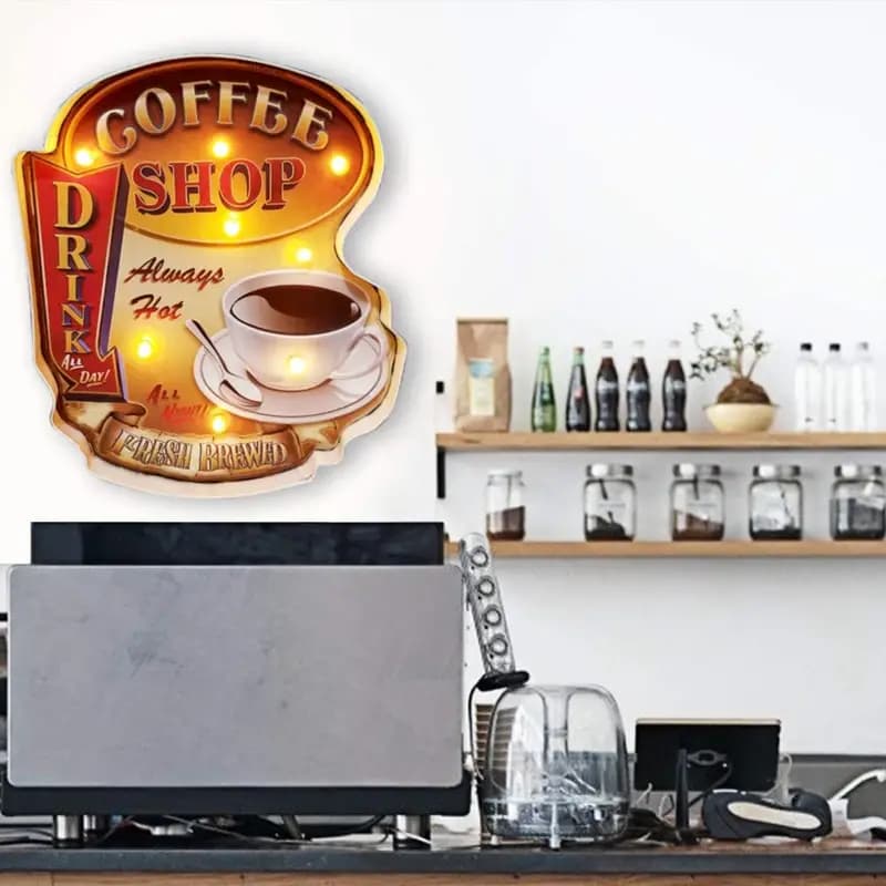 Vintage Metal Coffee Sign with LED Lights for Decor