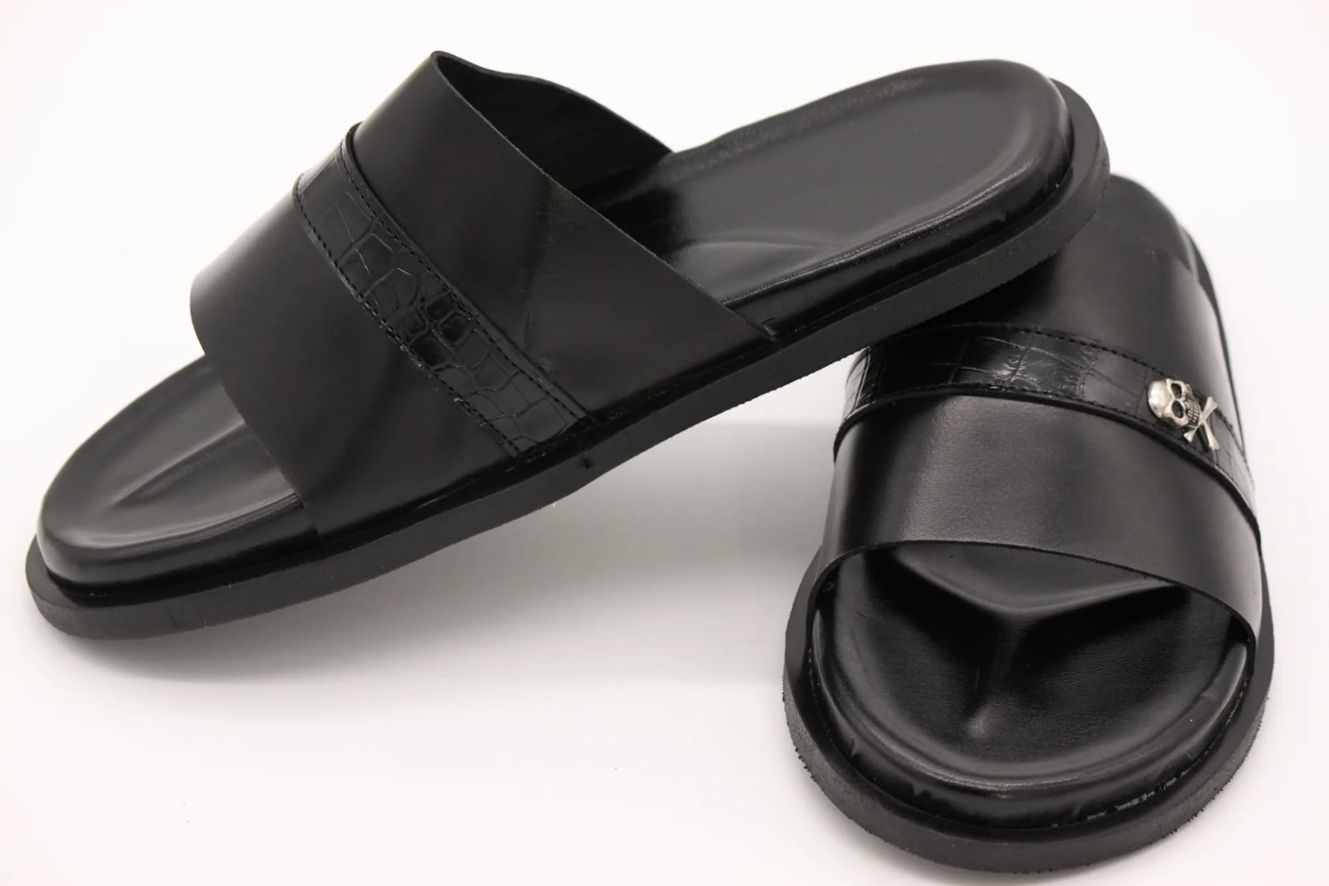 Black Slide Sandals with Skull Detail photo 3