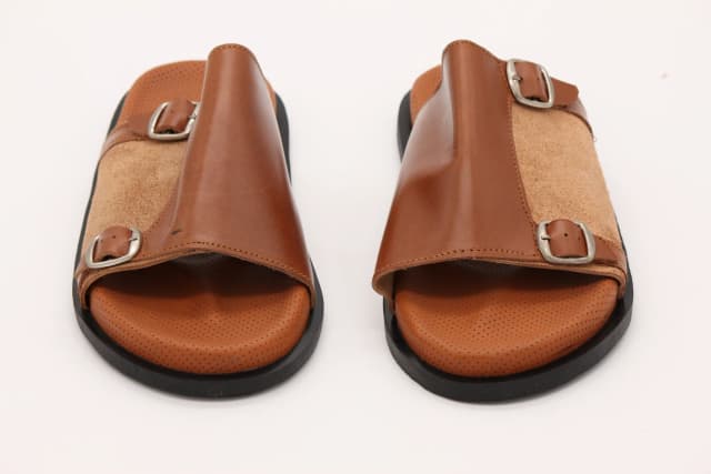 Brown Leather and Suede Slide Sandals