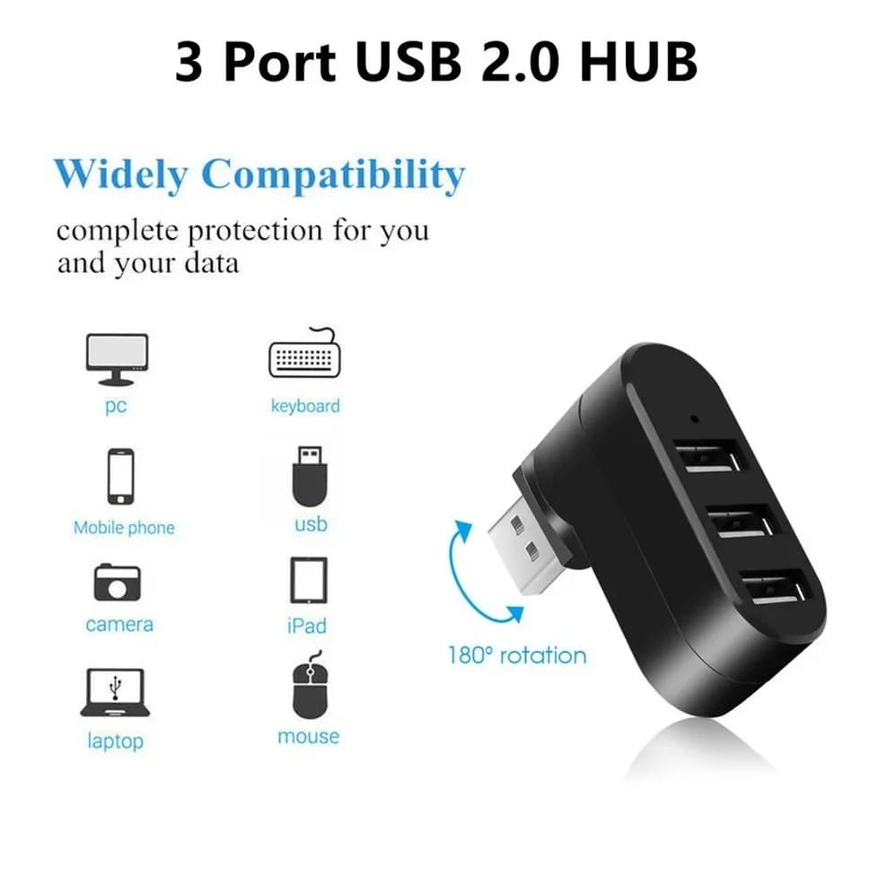 USB 2.0 Hub 3-Port Rotatable Splitter
