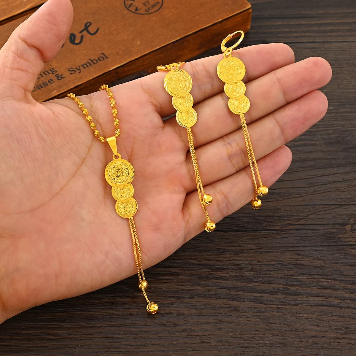 Gold Brass Necklace And Earring Set